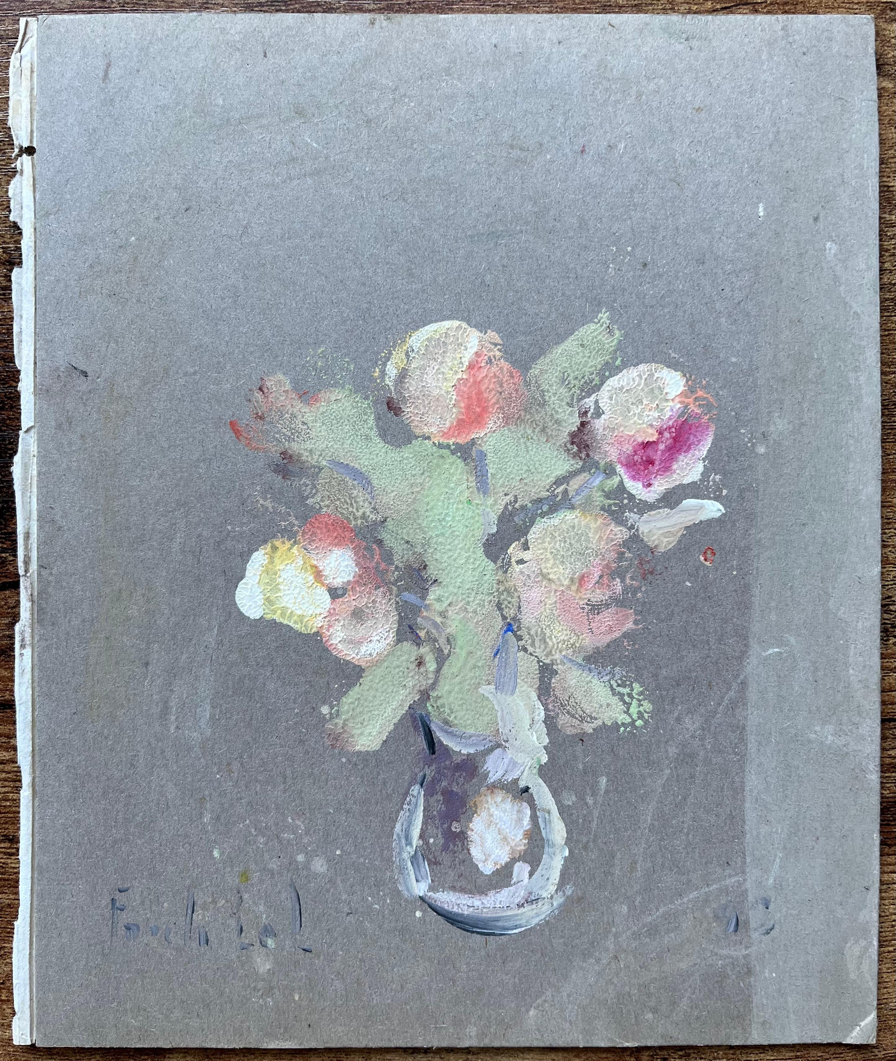 Nature morte française de fleurs dans un vase sur carte grise - Painting de Fanch Lel