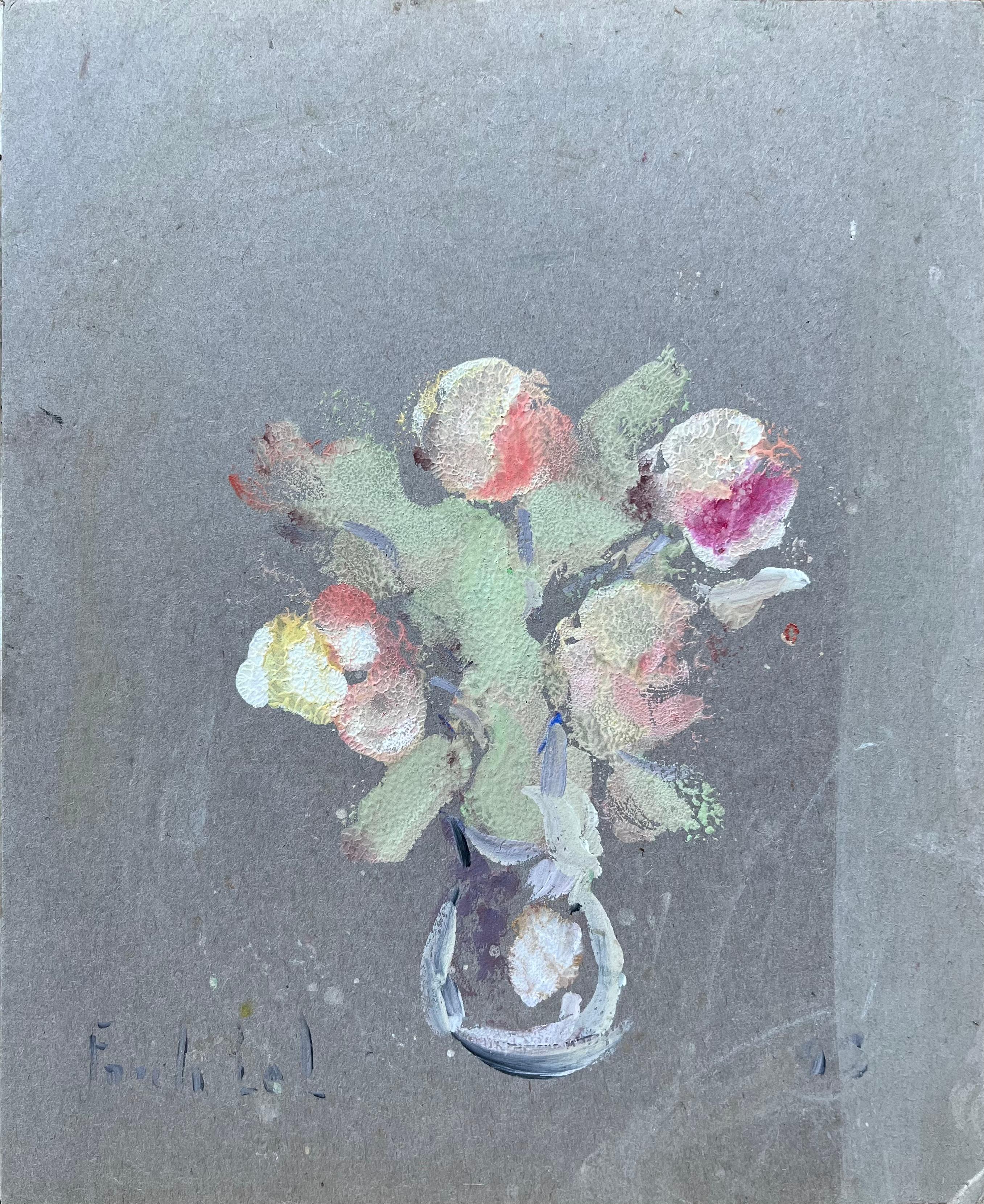 Landscape Painting Fanch Lel - Nature morte française de fleurs dans un vase sur carte grise