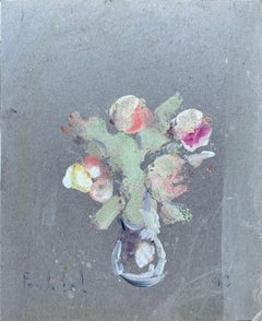 French Still Life Study of Flowers in a Vase on Grey Card