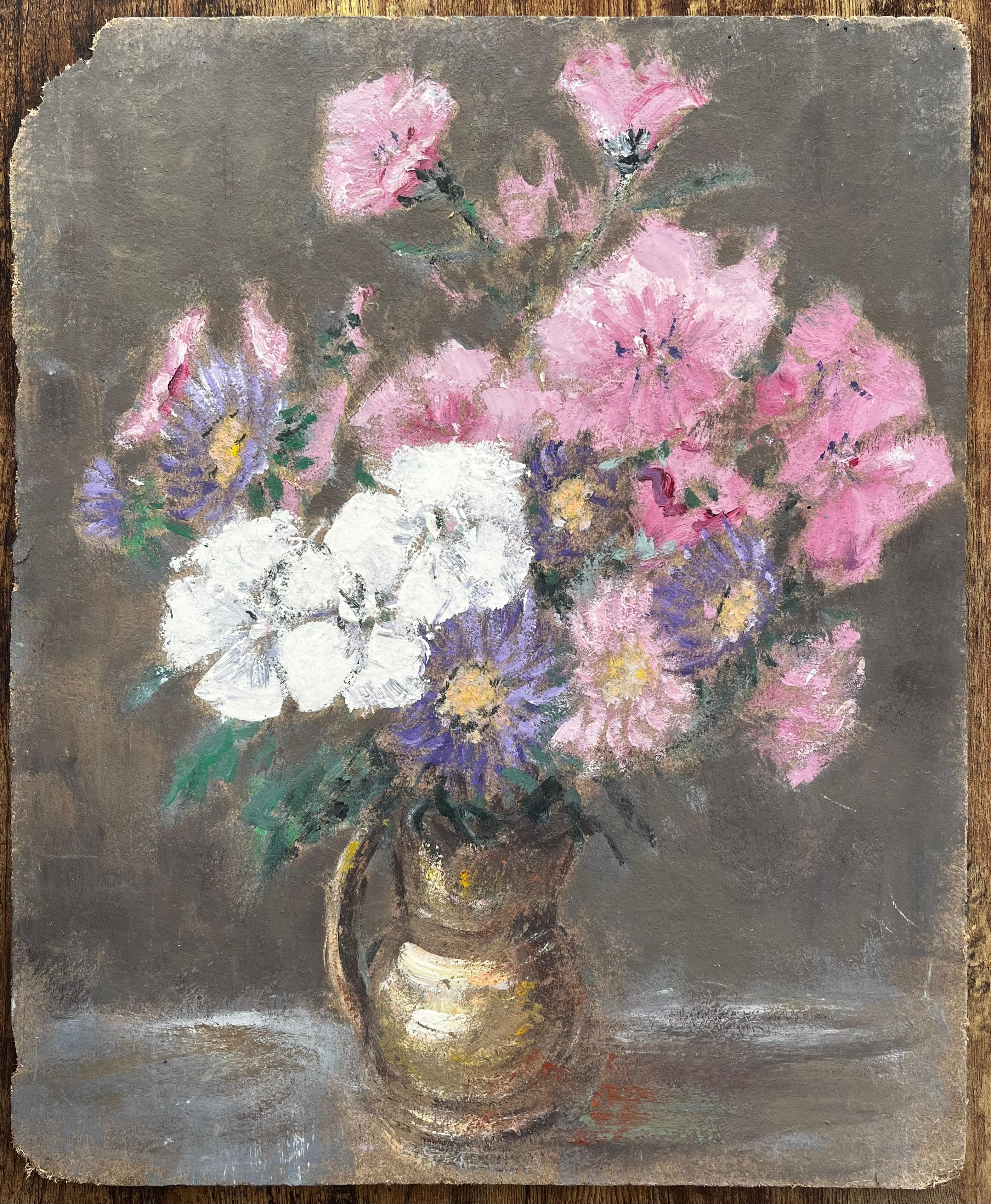 French Still Life with Pink White and Purple Flowers in a Golden Jug - Painting by Fanch Lel