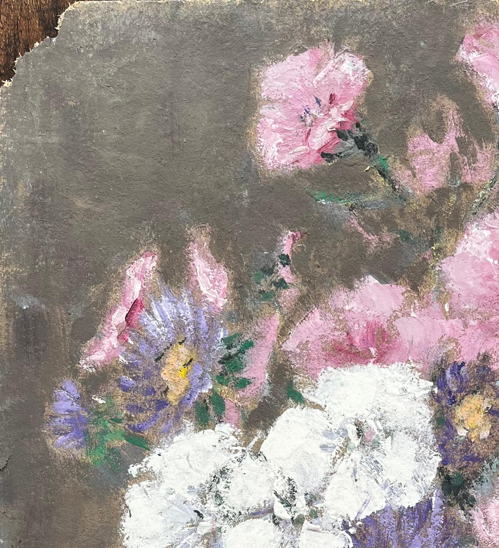 French Still Life with Pink White and Purple Flowers in a Golden Jug - Gray Landscape Painting by Fanch Lel