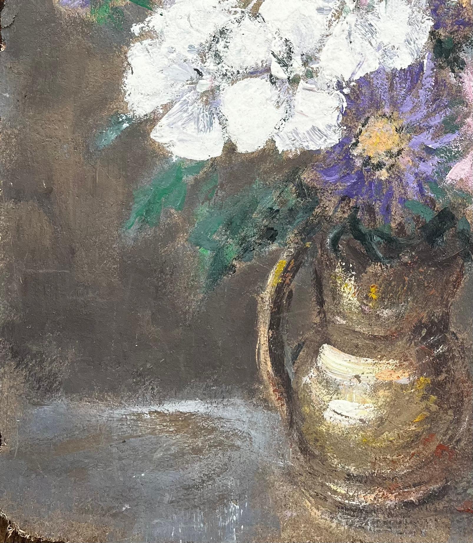 French Still Life with Pink White and Purple Flowers in a Golden Jug For Sale 1