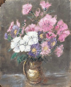 French Still Life with Pink White and Purple Flowers in a Golden Jug