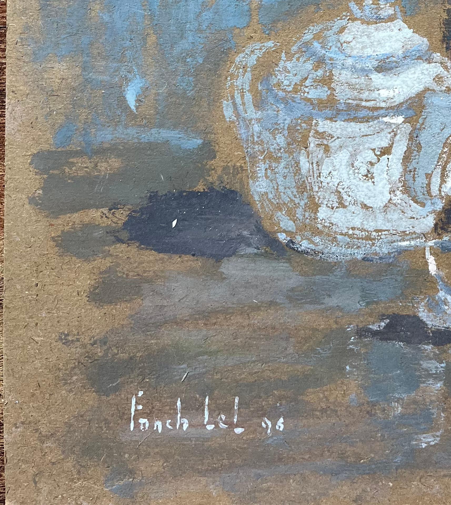 Titolo: Natura morta francese con bottiglia teiera e tazza nei toni del blu terrestre
di Fanch Lel (francese, nato nel 1930)
Firmato: Yes One
Dimensioni: 14,5 pollici (altezza) x 10,75 pollici (larghezza)
Pittura a pastello a olio su tavola, senza