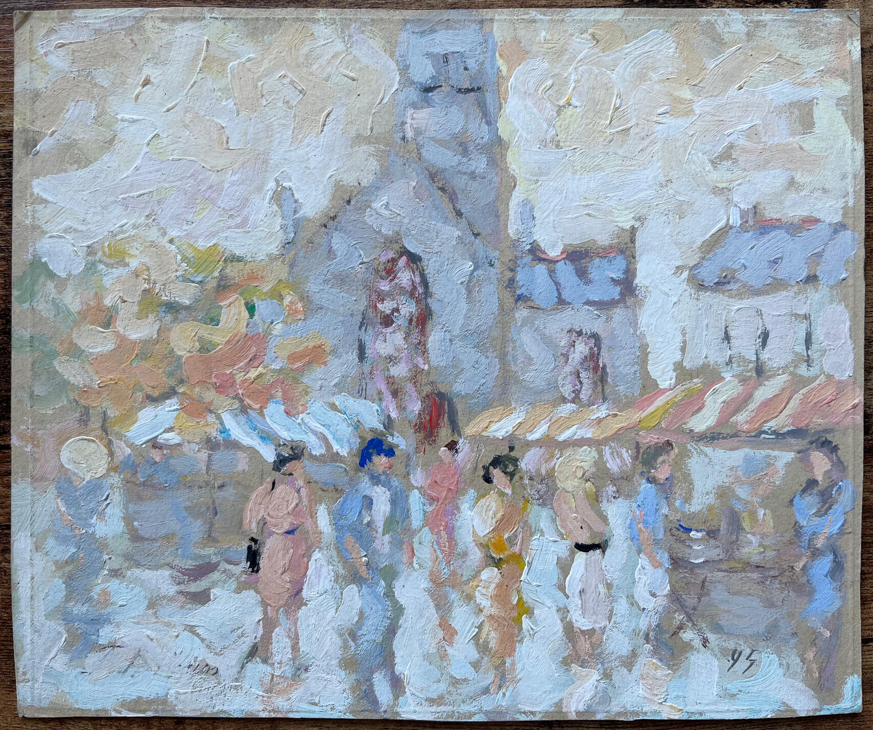 French Street Market Scene with Figures and Stalls Oil Painting - Gray Figurative Painting by Fanch Lel