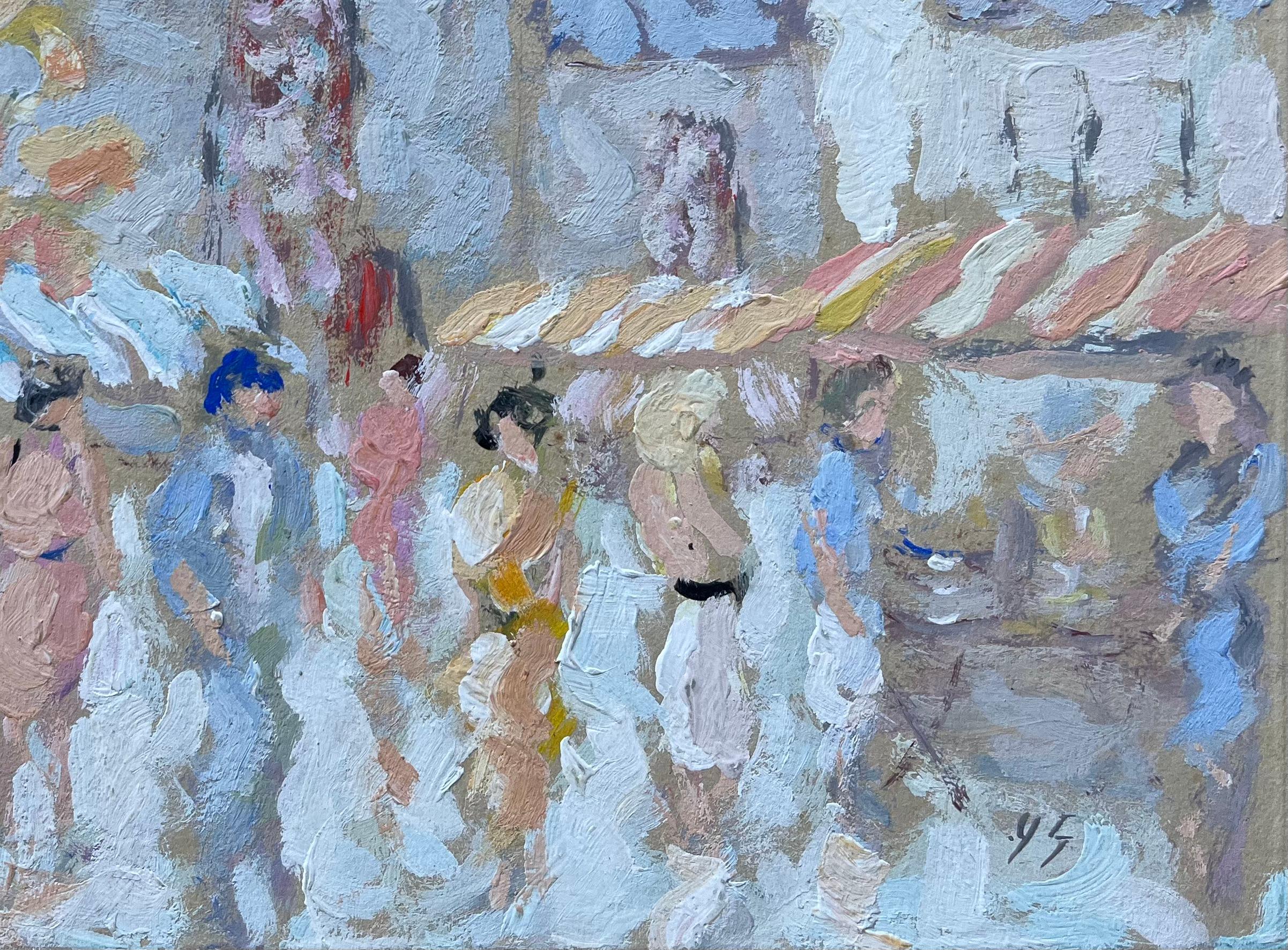 Title: French Street Market Scene with Figures and Stalls Oil Painting
by Fanch Lel (French b. 1930)
Size: 8.75 inches (height) x 10.25 inches (width)
Oil painting on card, unframed
Condition: The painting is in good condition, with minor signs of
