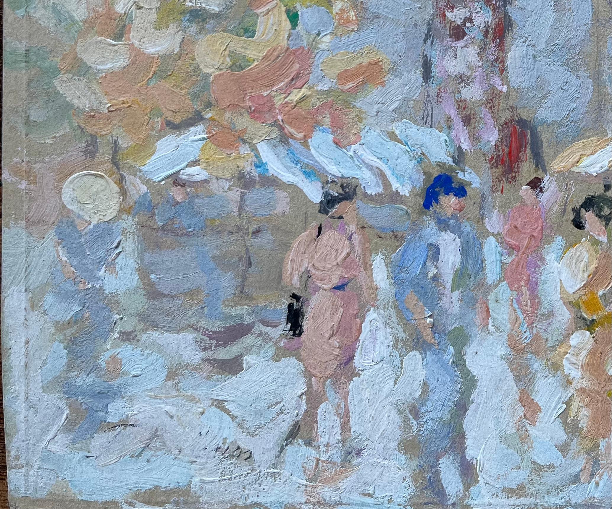 French Street Market Scene with Figures and Stalls Oil Painting For Sale 1