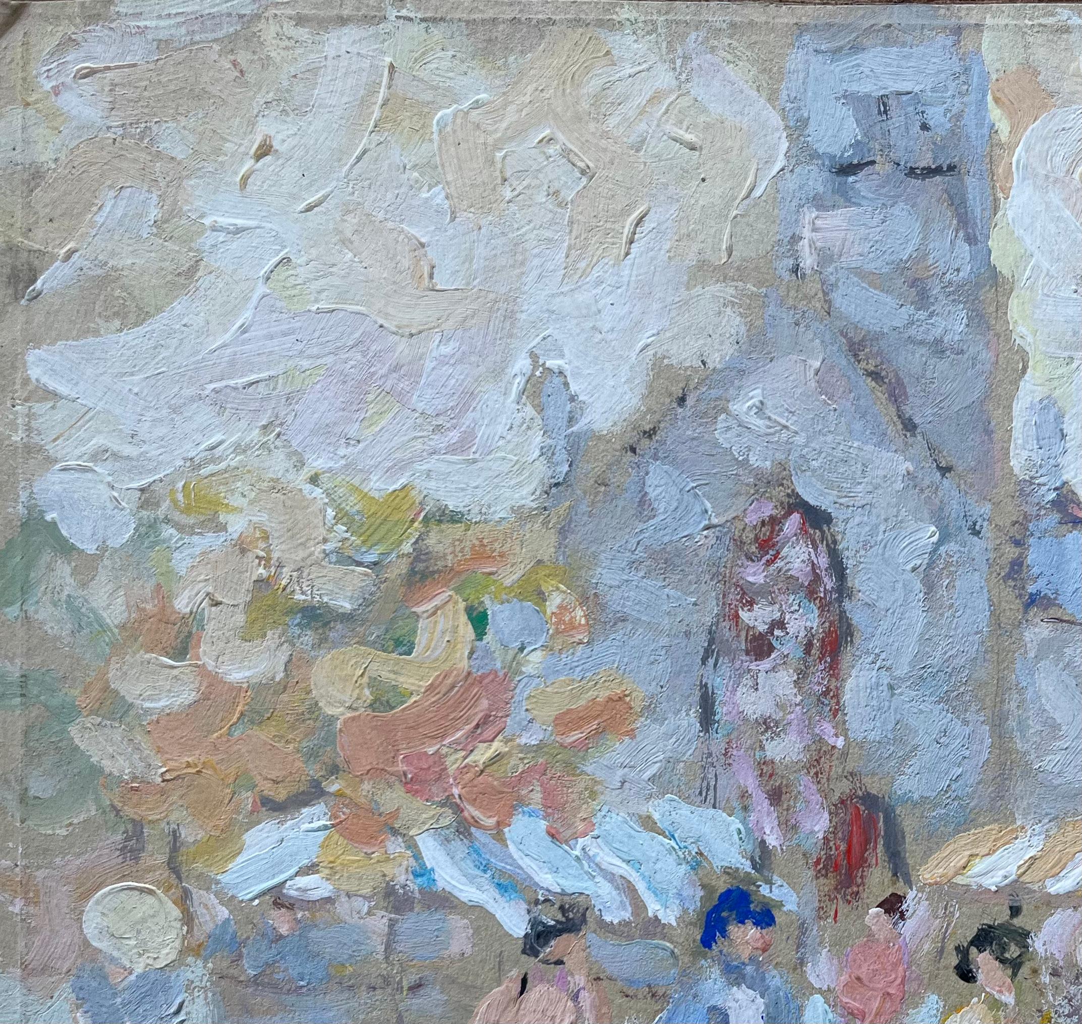 French Street Market Scene with Figures and Stalls Oil Painting For Sale 2