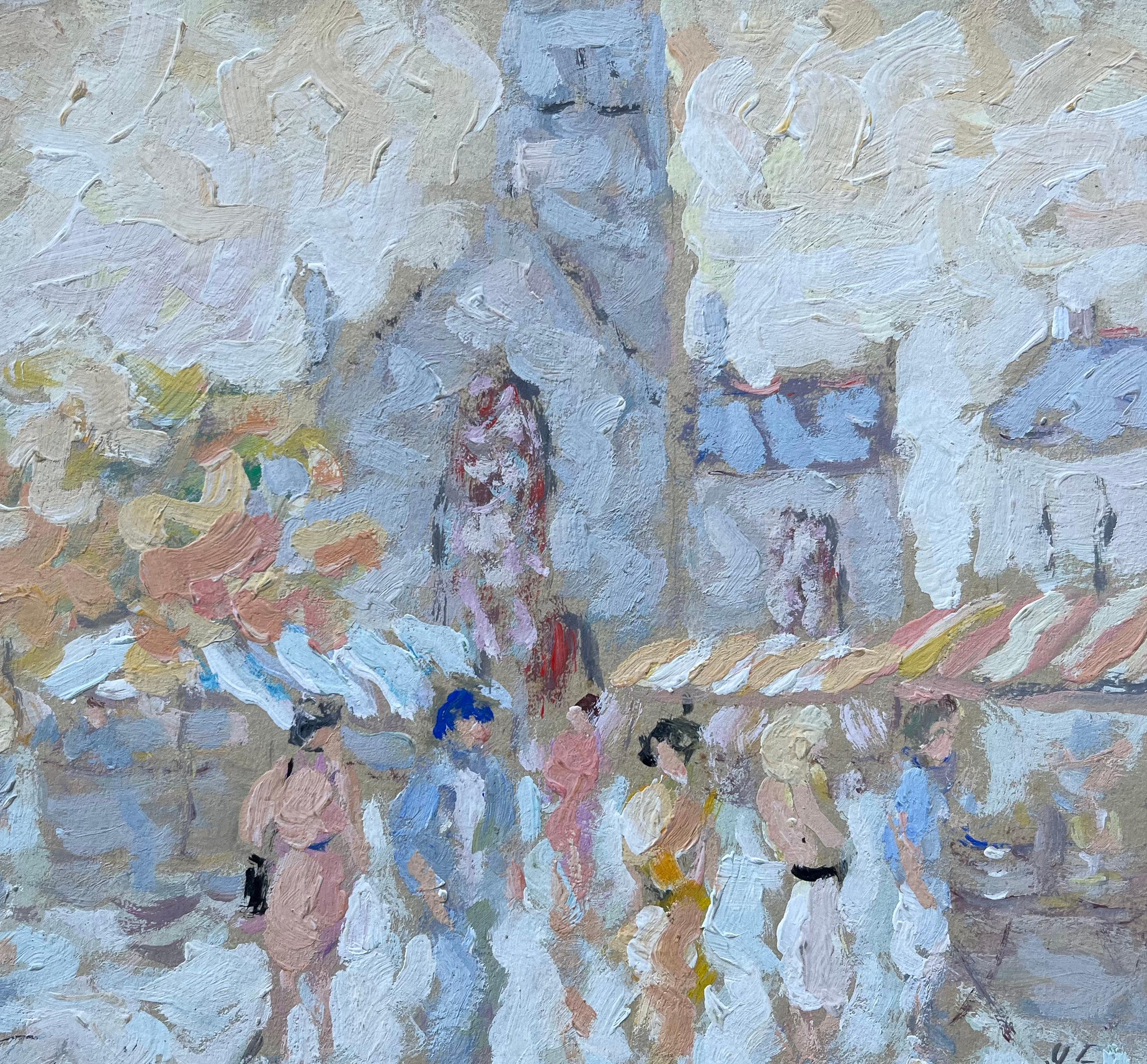 French Street Market Scene with Figures and Stalls Oil Painting For Sale 3