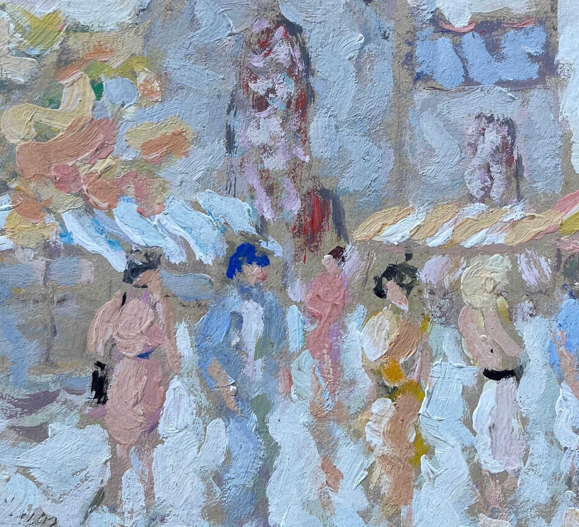 French Street Market Scene with Figures and Stalls Oil Painting For Sale 4