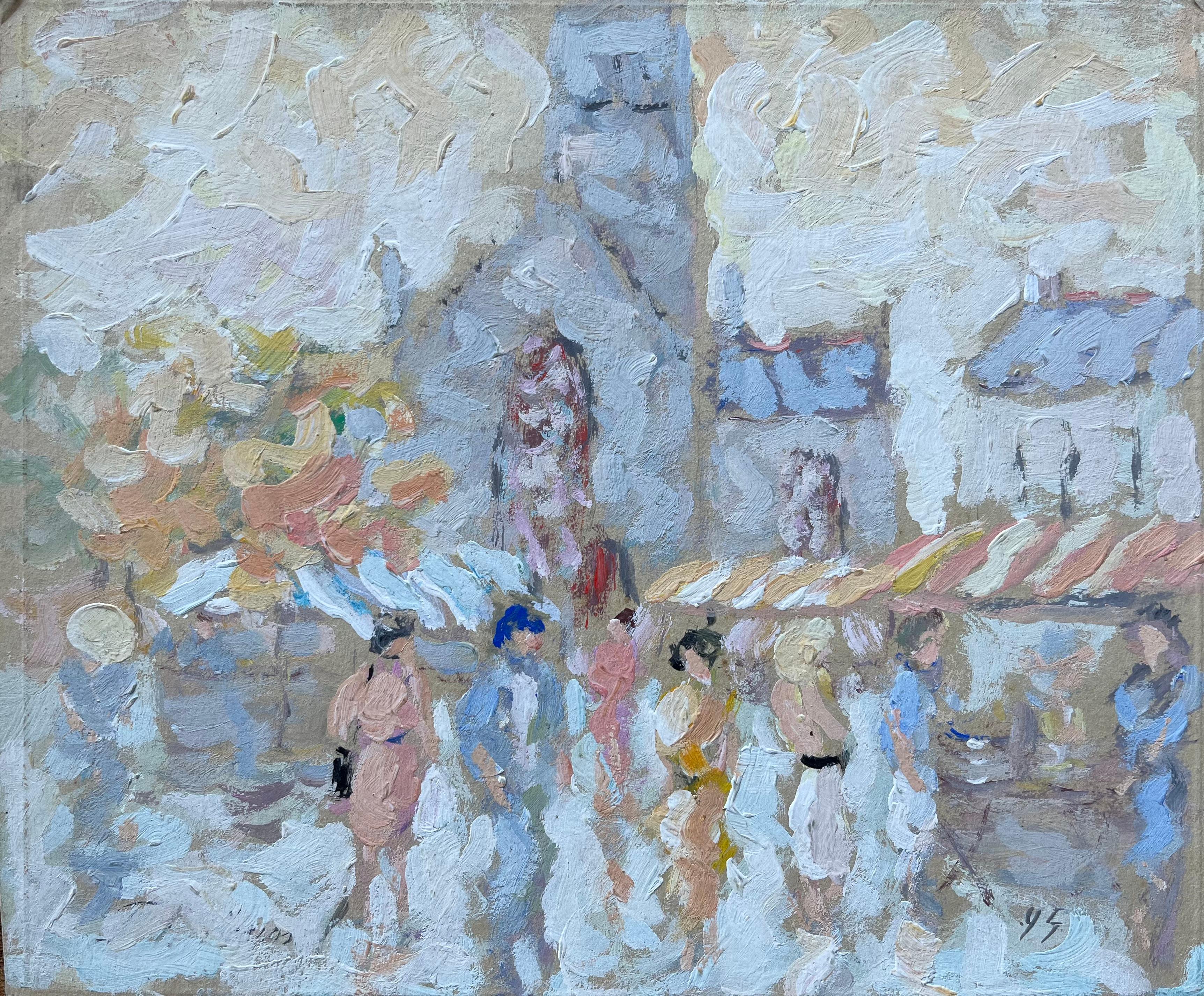 Fanch Lel Figurative Painting - French Street Market Scene with Figures and Stalls Oil Painting