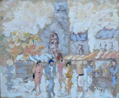 French Street Market Scene with Figures and Stalls Oil Painting