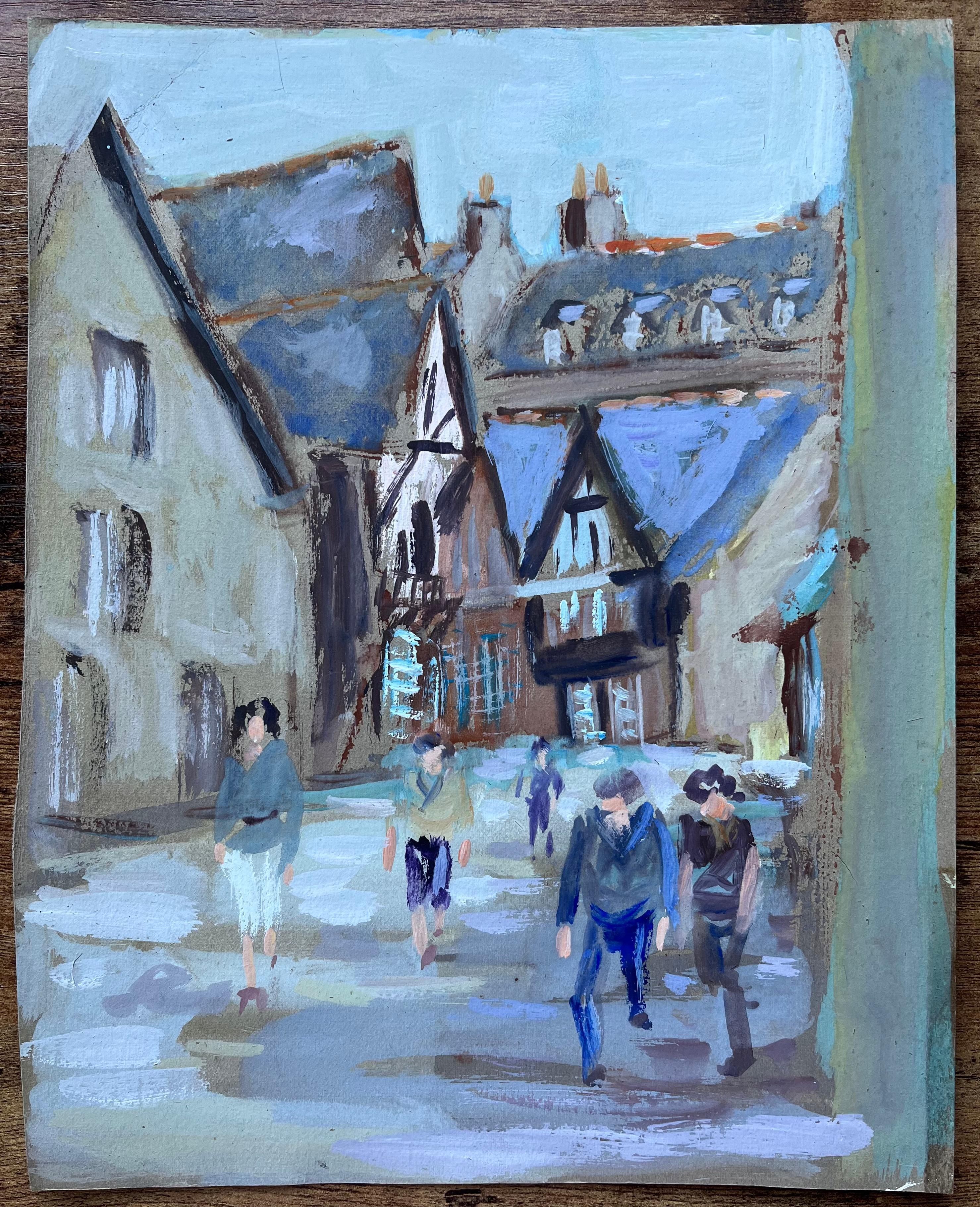 French Street Scene with Figures and Timber-Framed Architecture - Painting by Fanch Lel