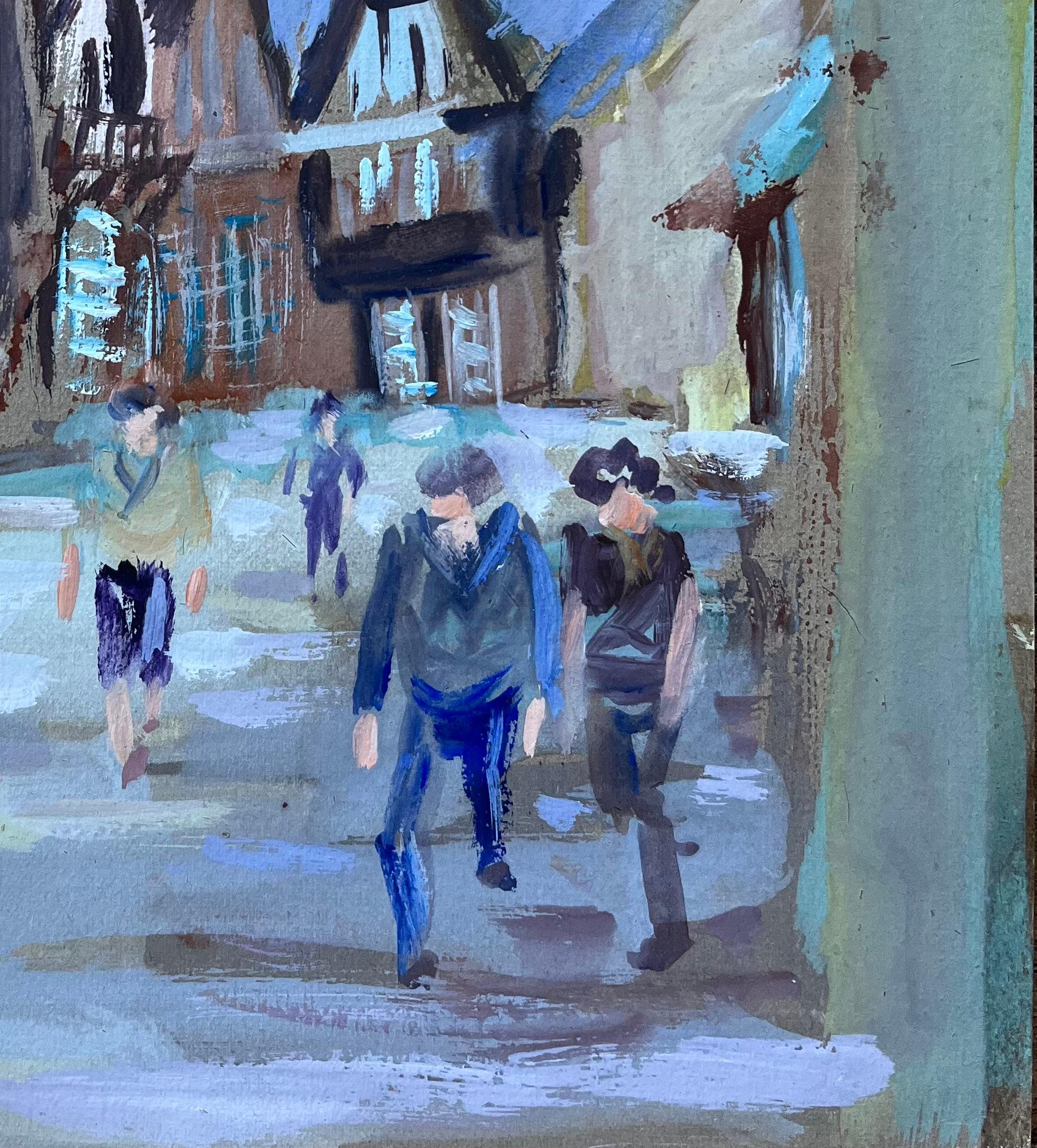 French Street Scene with Figures and Timber-Framed Architecture - Impressionist Painting by Fanch Lel