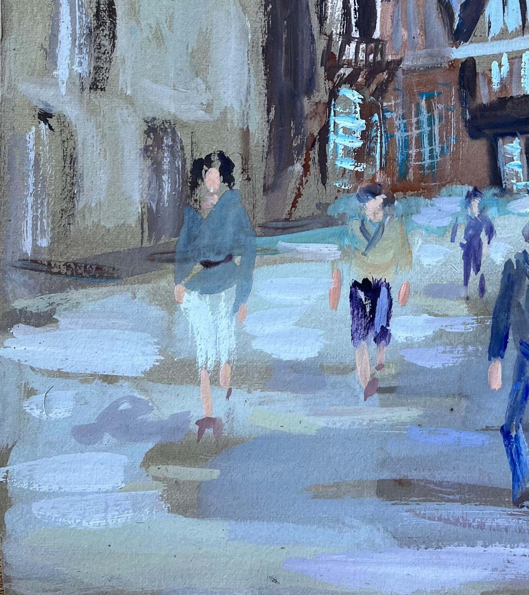 French Street Scene with Figures and Timber-Framed Architecture - Blue Figurative Painting by Fanch Lel