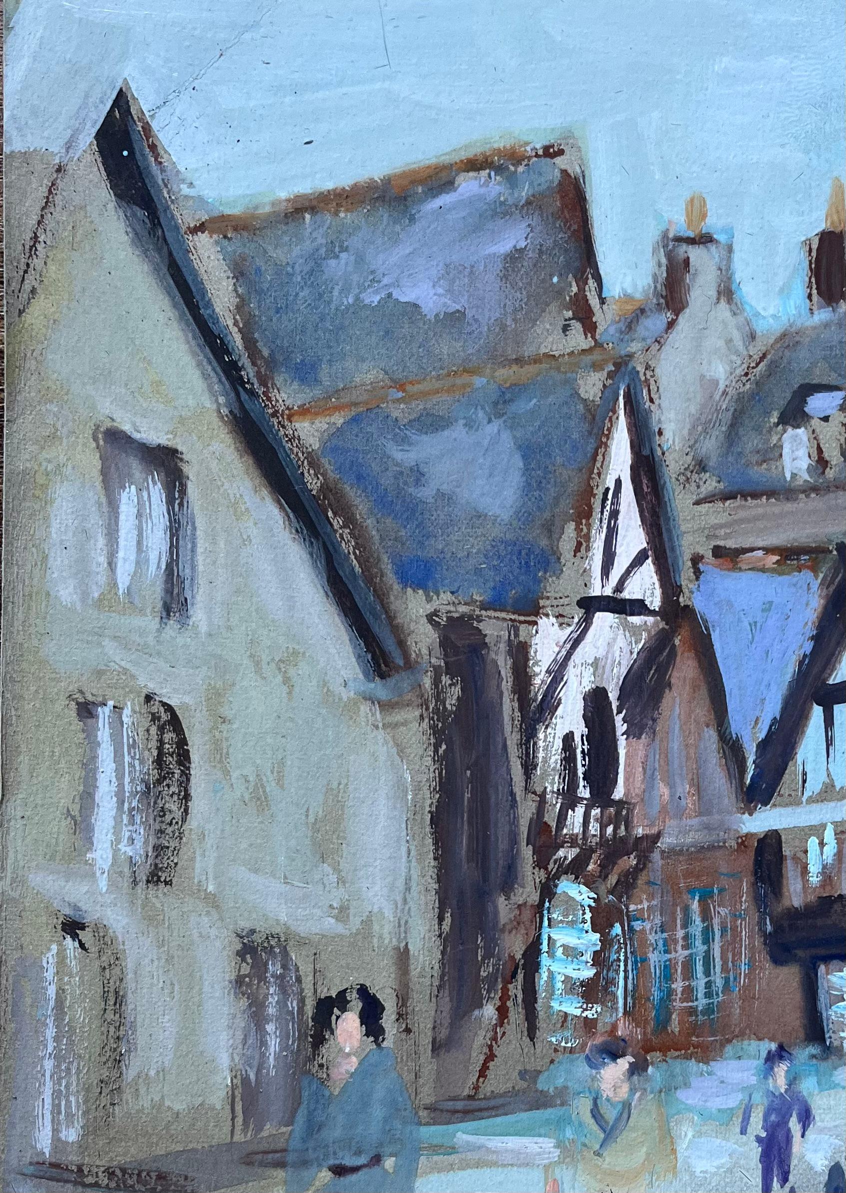 Title: French Street Scene with Figures and Timber-Framed Architecture
by Fanch Lel (French b. 1930)
Size: 12 inches (height) x 9.5 inches (width)
Oil painting on paper, unframed
Condition: The painting is in good condition, with some light