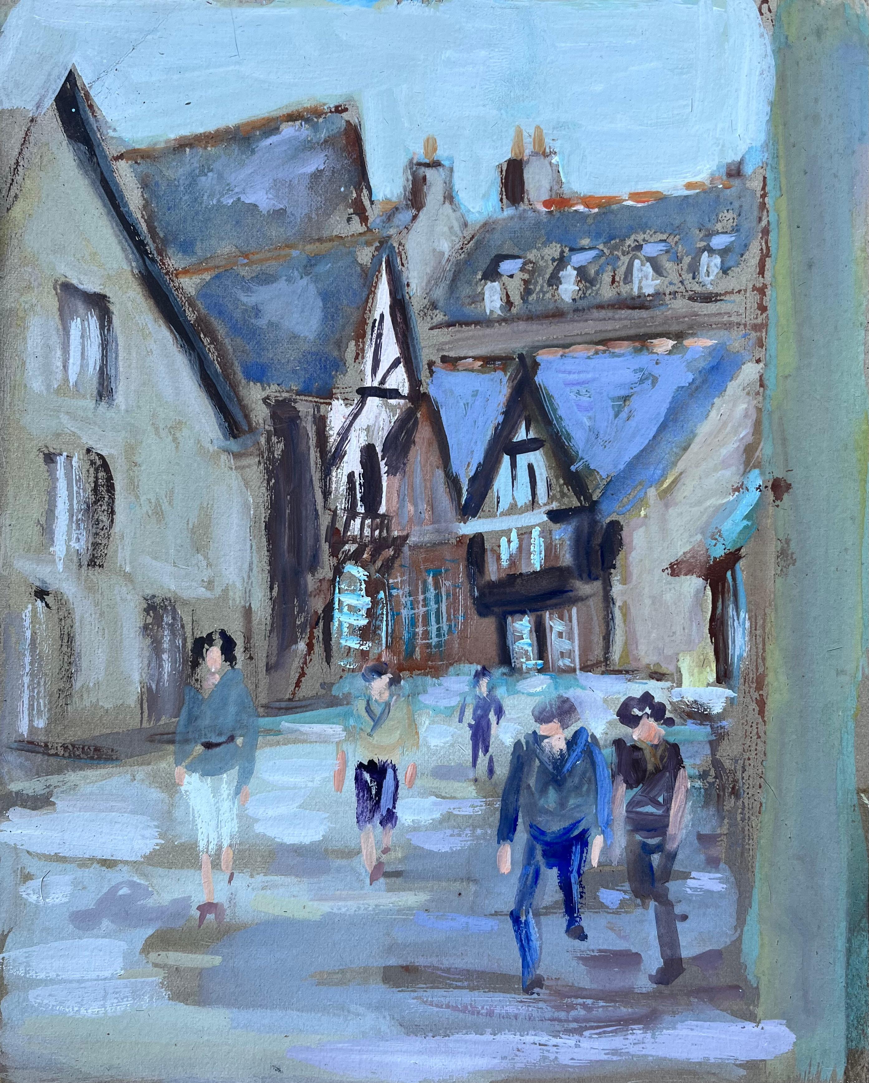Fanch Lel Figurative Painting - French Street Scene with Figures and Timber-Framed Architecture