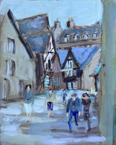 Scène de rue française avec personnages et architecture encadrée de bois