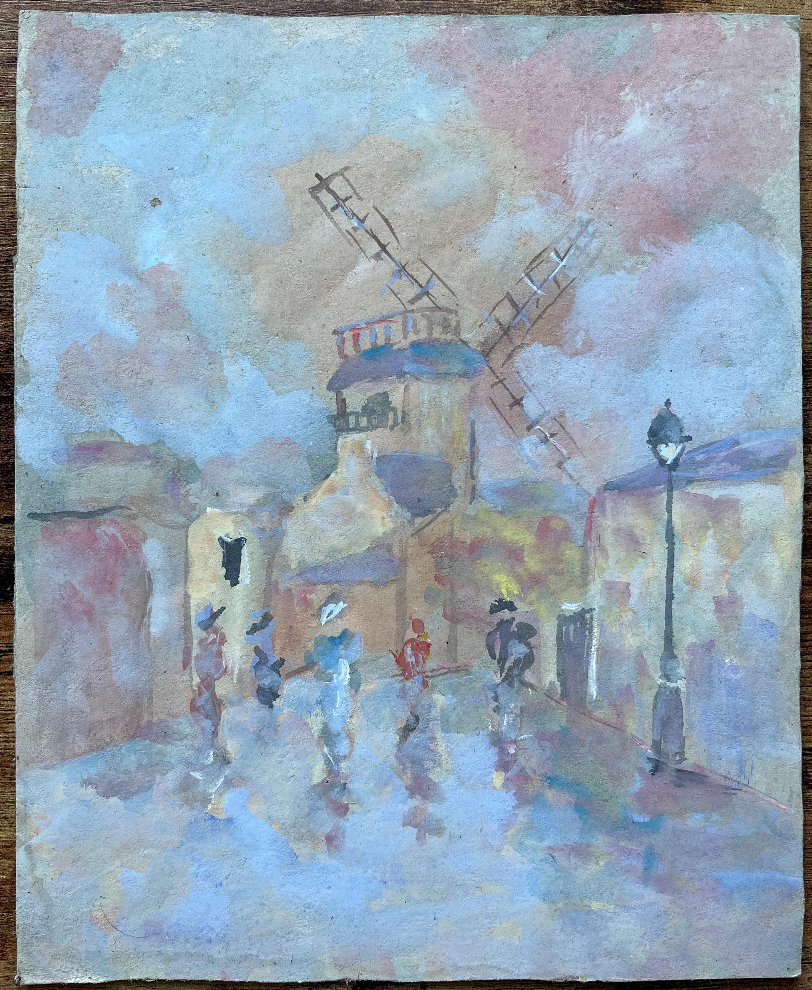 Escena callejera francesa con molino de viento y figuras de estilo impresionista - Painting de Fanch Lel