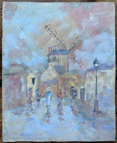 French Street Scene with Windmill and Figures in Impressionist Style