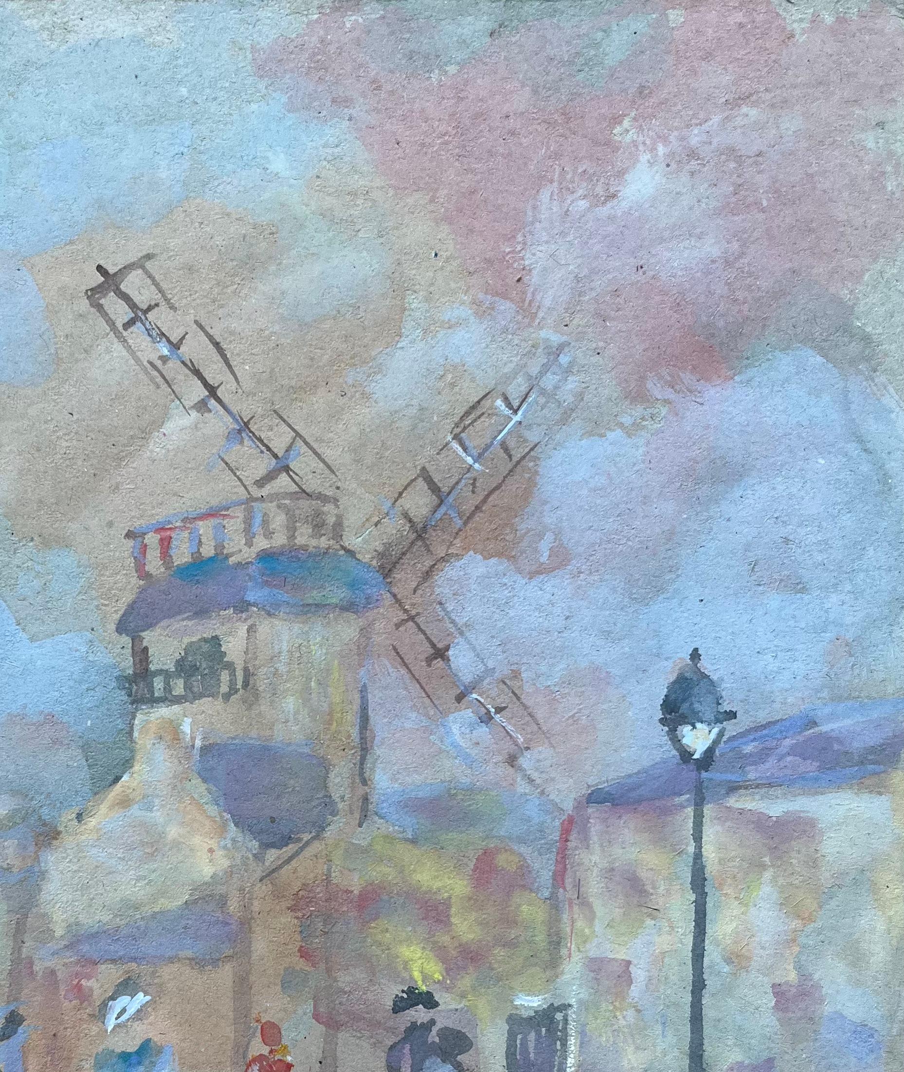 Escena callejera francesa con molino de viento y figuras de estilo impresionista - Painting Impresionista de Fanch Lel