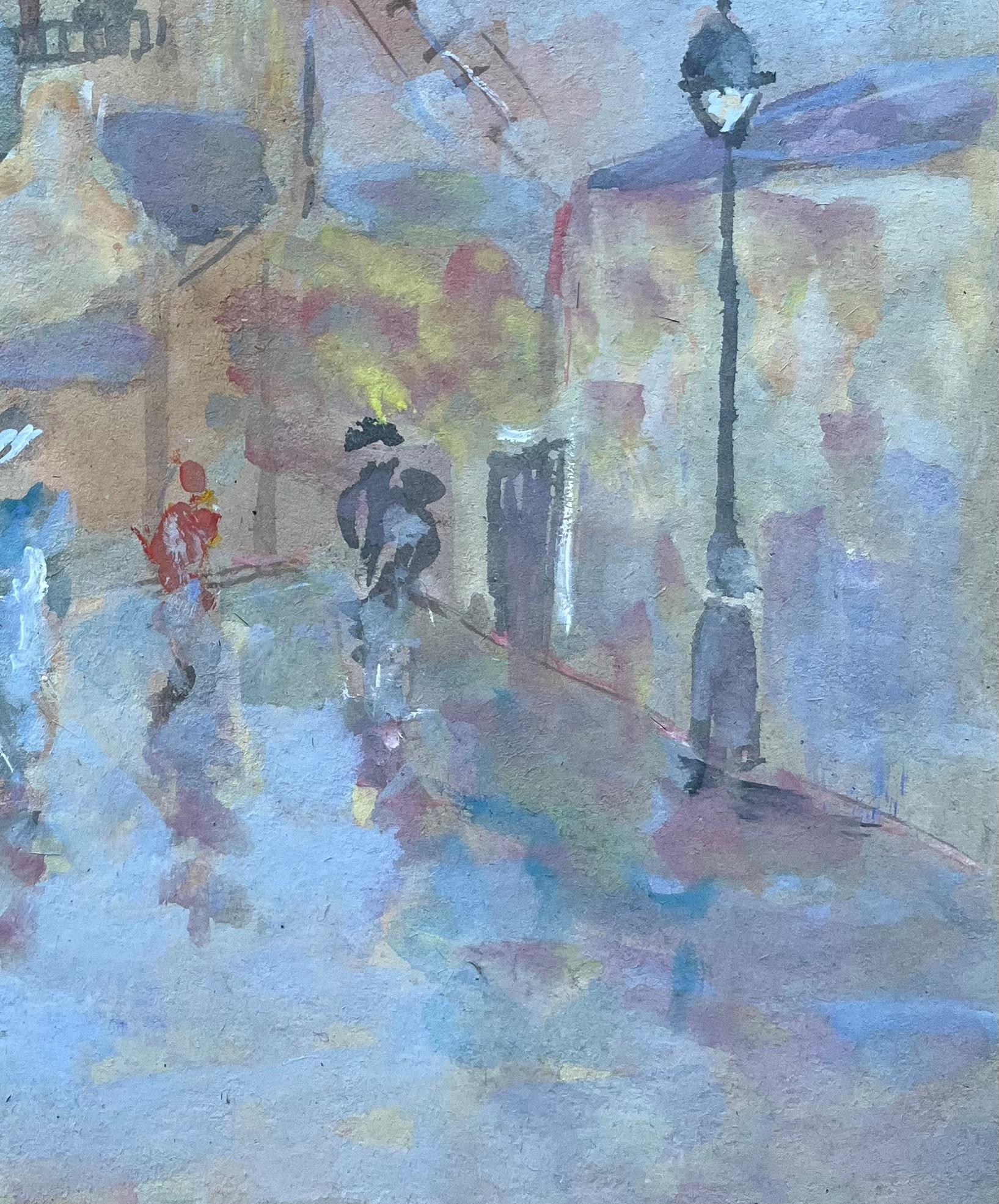 Escena callejera francesa con molino de viento y figuras de estilo impresionista - Landscape Painting Azul de Fanch Lel