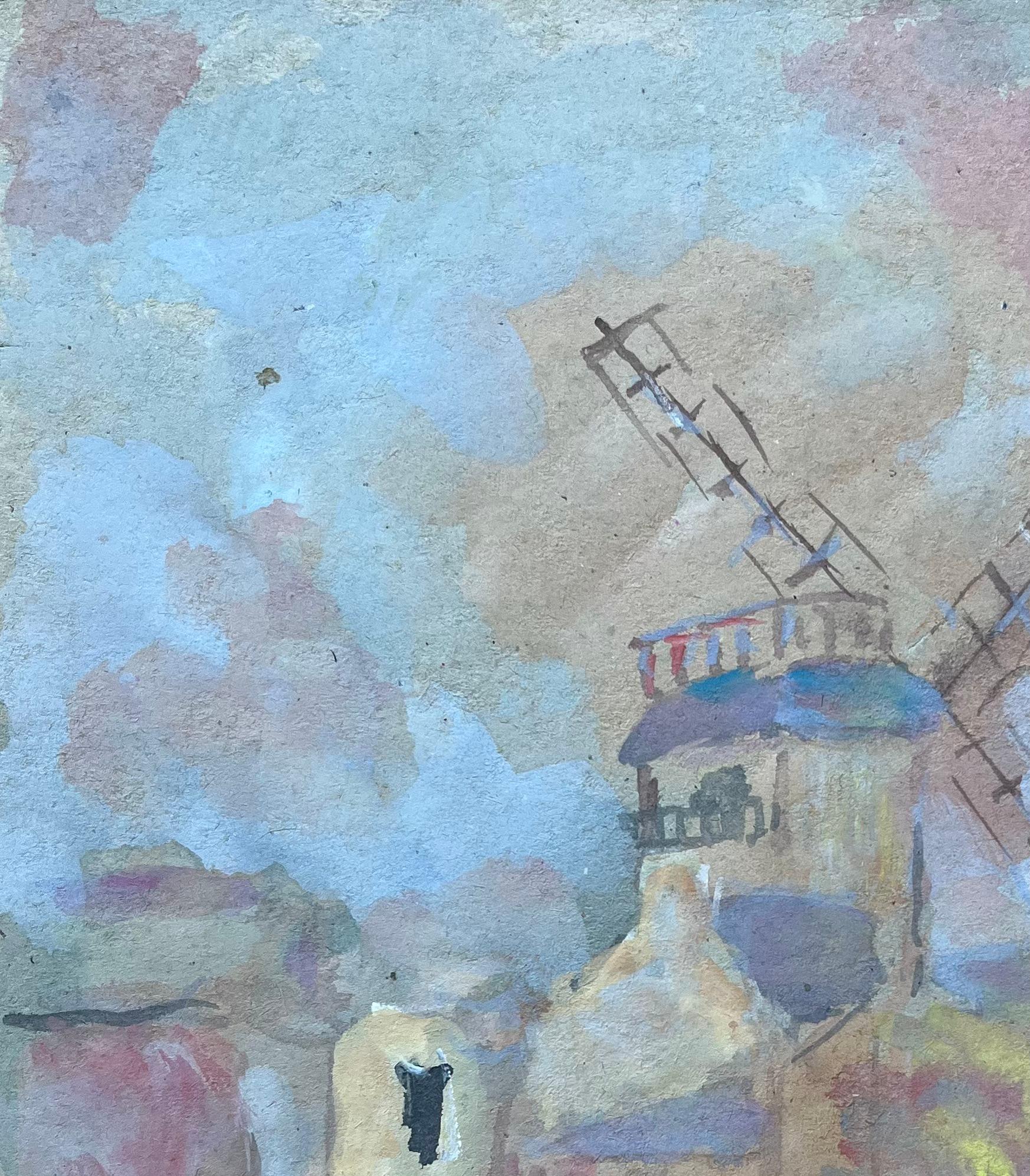 Título: Escena callejera francesa con molino de viento y figuras de estilo impresionista
de Fanch Lel (francés, 1930)
Tamaño: 10,5 pulgadas (alto) x 8,75 pulgadas (ancho)
Pintura al gouache sobre tabla, sin enmarcar
Estado de conservación: El cuadro