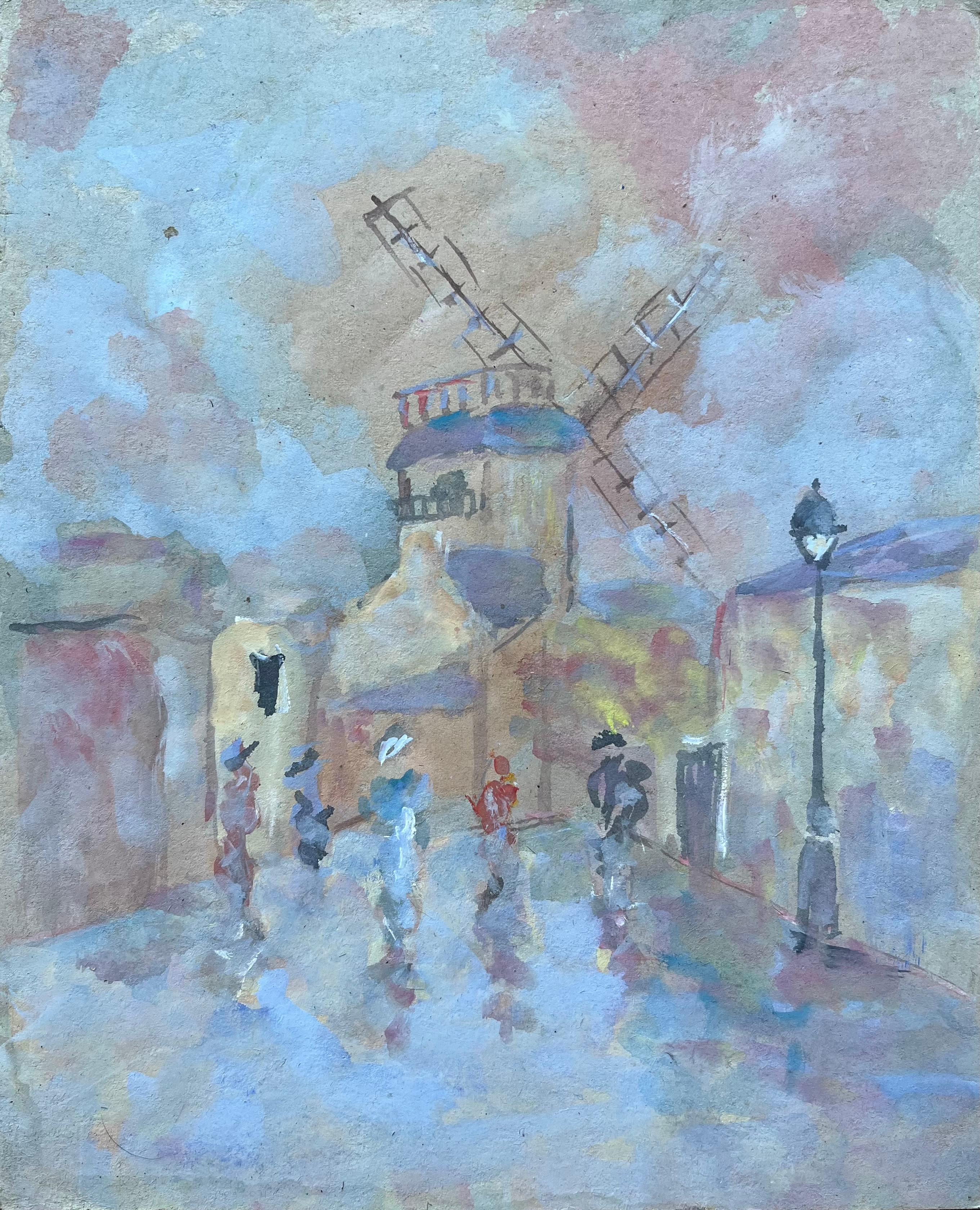 Landscape Painting de Fanch Lel - Escena callejera francesa con molino de viento y figuras de estilo impresionista