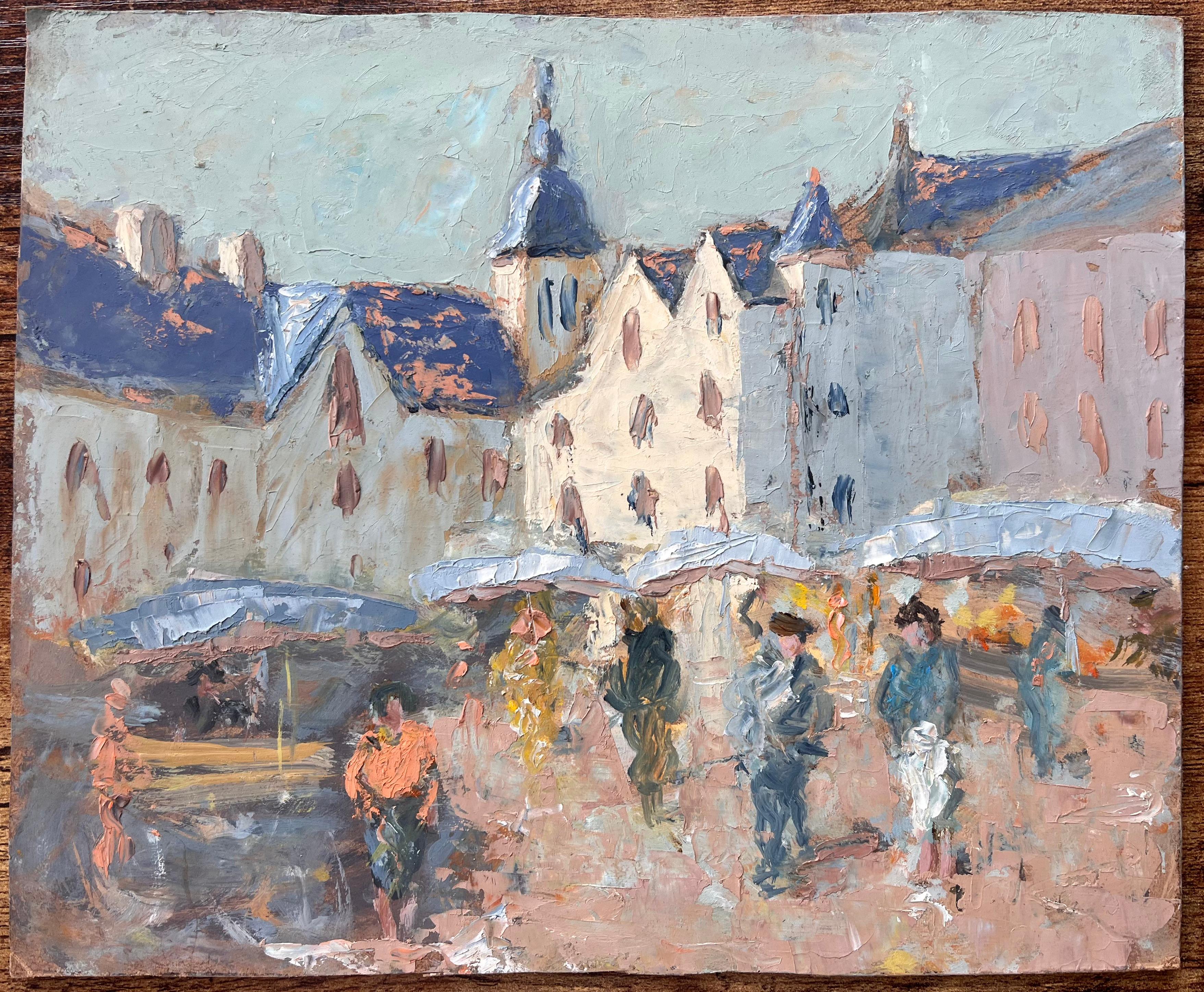 Peinture impressionniste française représentant des personnages et des stands de marché - Painting de Fanch Lel