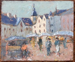 French Town Square Impressionist Painting with Figures and Market Stalls