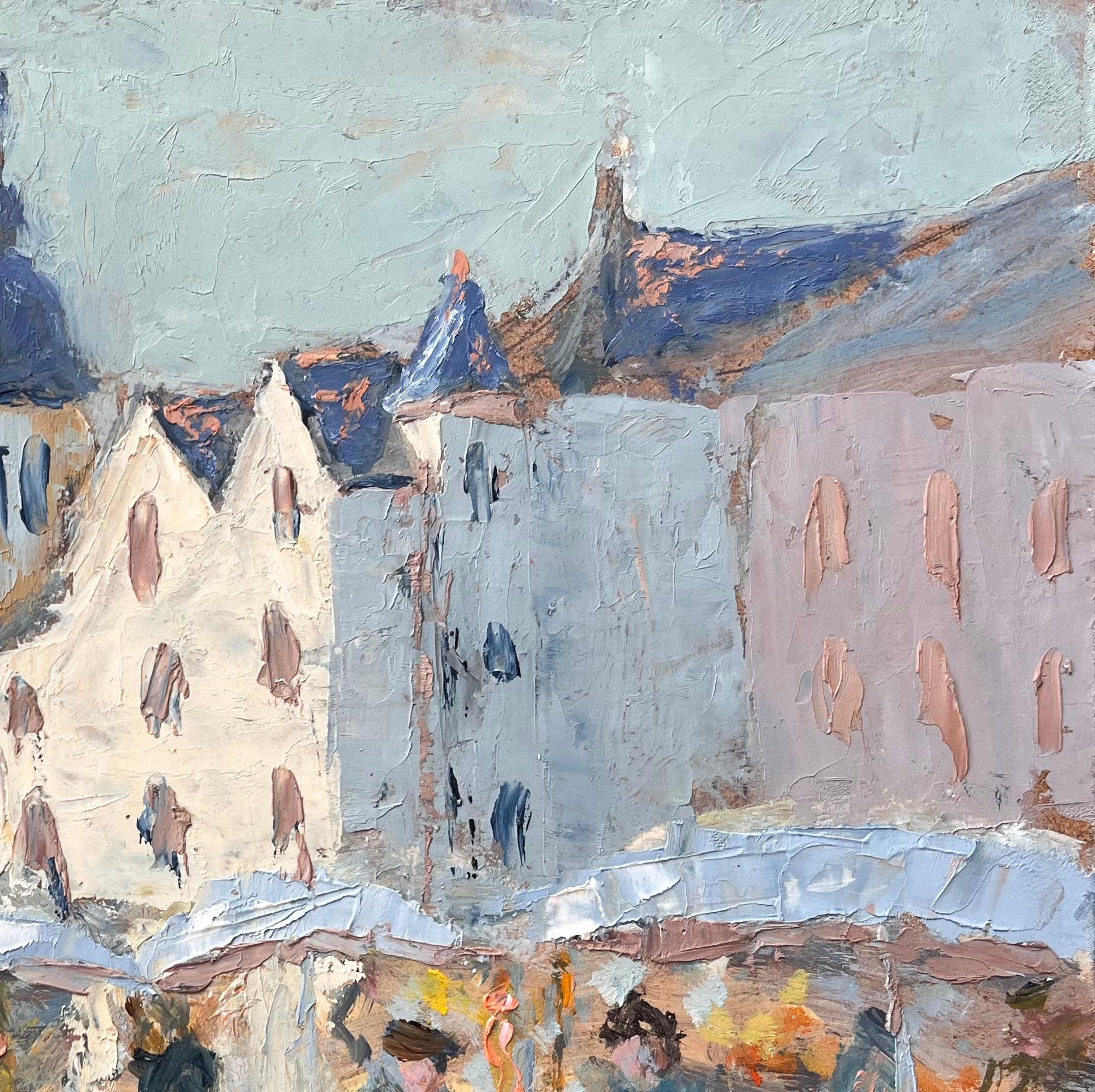 Peinture impressionniste française représentant des personnages et des stands de marché - Gris Still-Life Painting par Fanch Lel