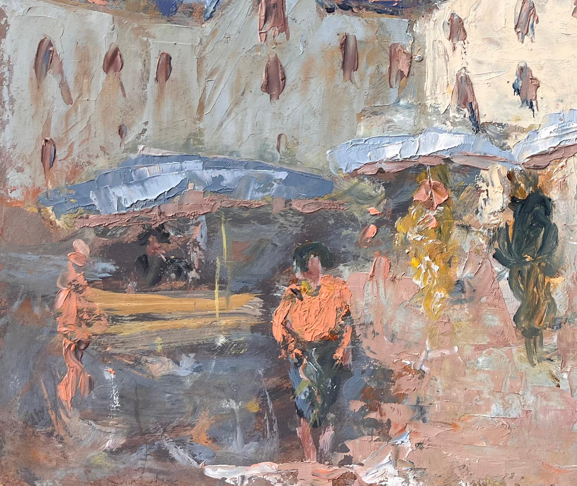 Titre : Peinture impressionniste de la place de la ville française avec personnages et étals de marché
par Fanch Lel
Taille : 8.75 pouces (hauteur) x 10.5 pouces (largeur)
Moyen d'expression : Huile sur carton, non encadrée
Condit : Le tableau est