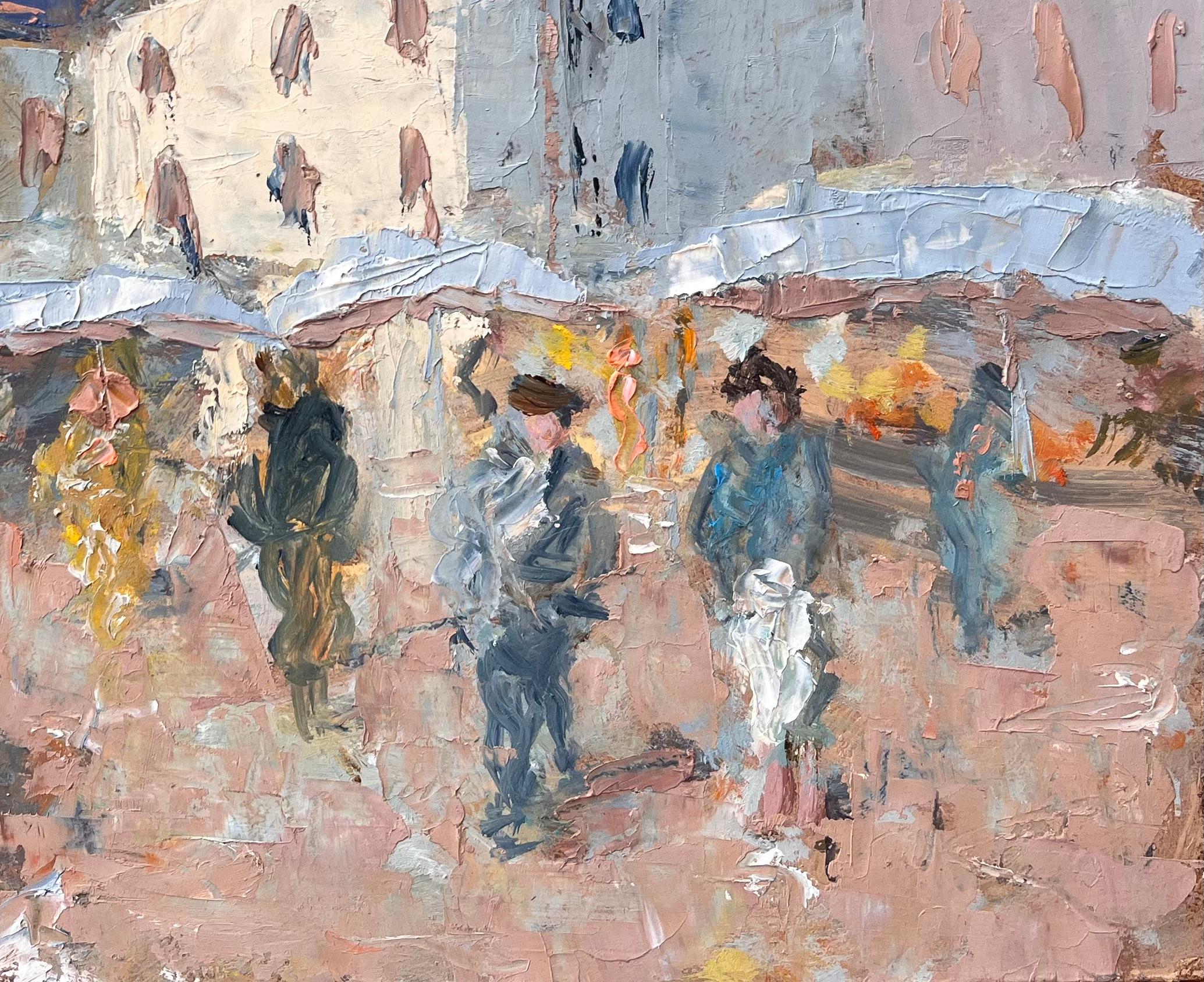 Peinture impressionniste française représentant des personnages et des stands de marché en vente 1