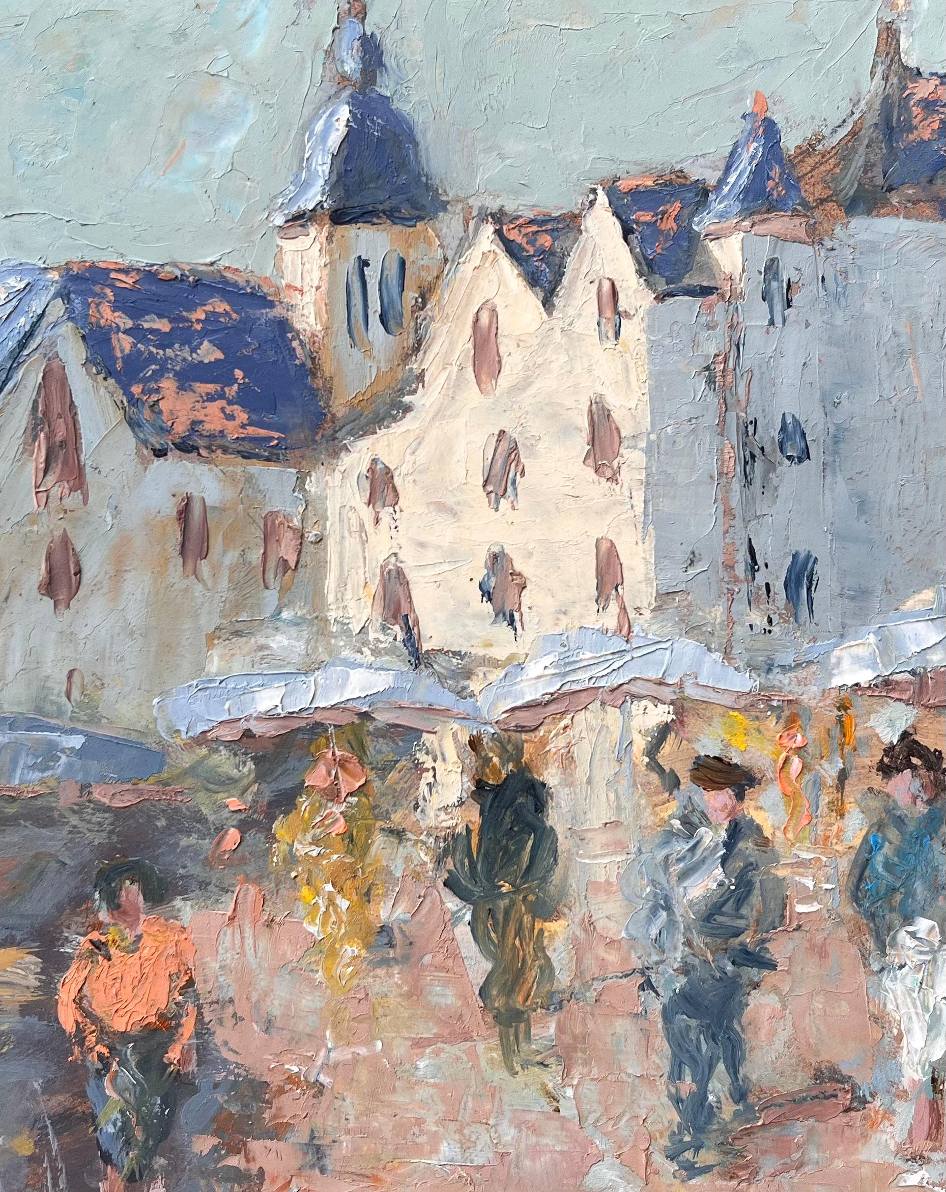 Peinture impressionniste française représentant des personnages et des stands de marché en vente 2