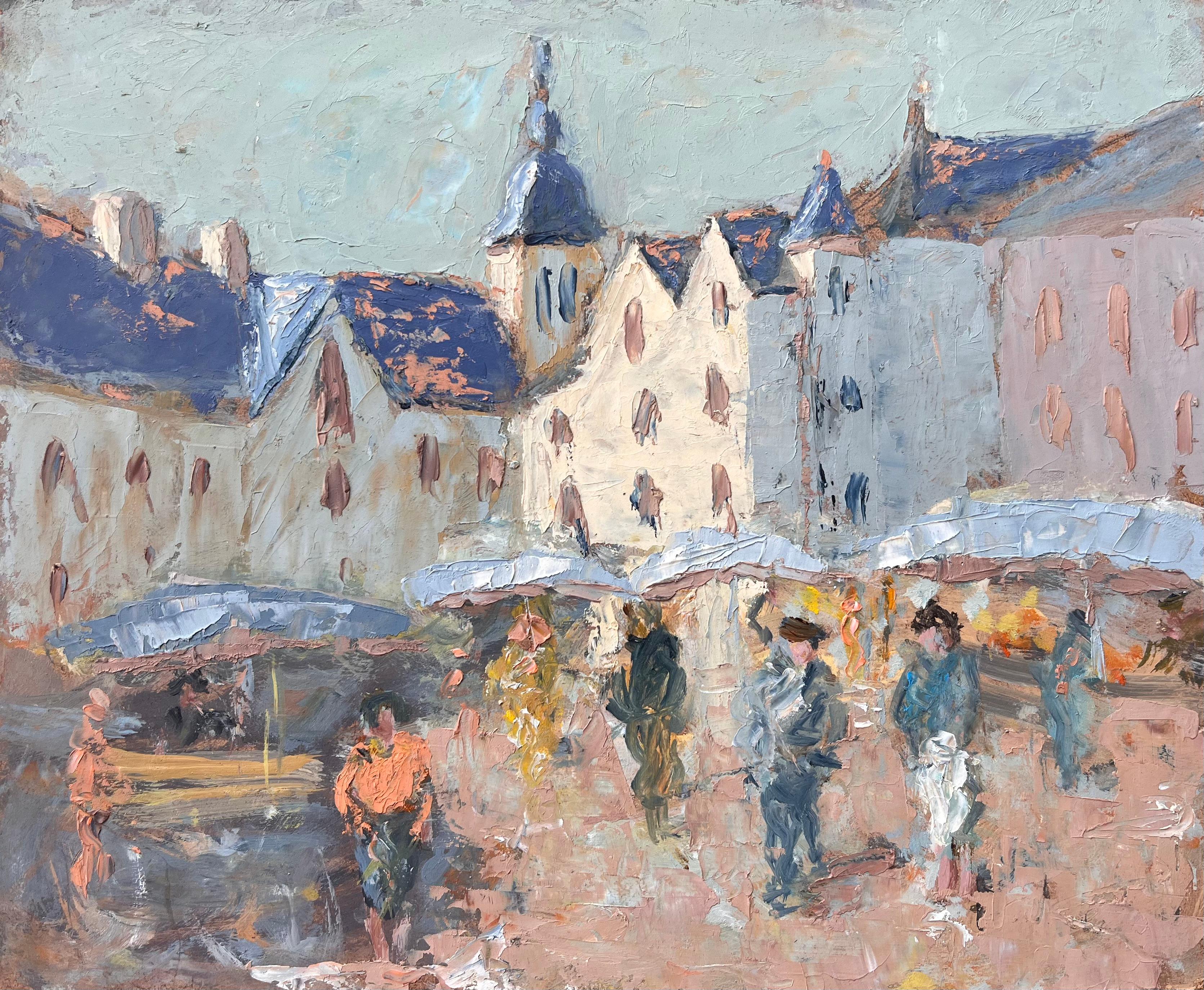 Französischer Townes Impressionist Gemälde mit Figuren und Marktständen