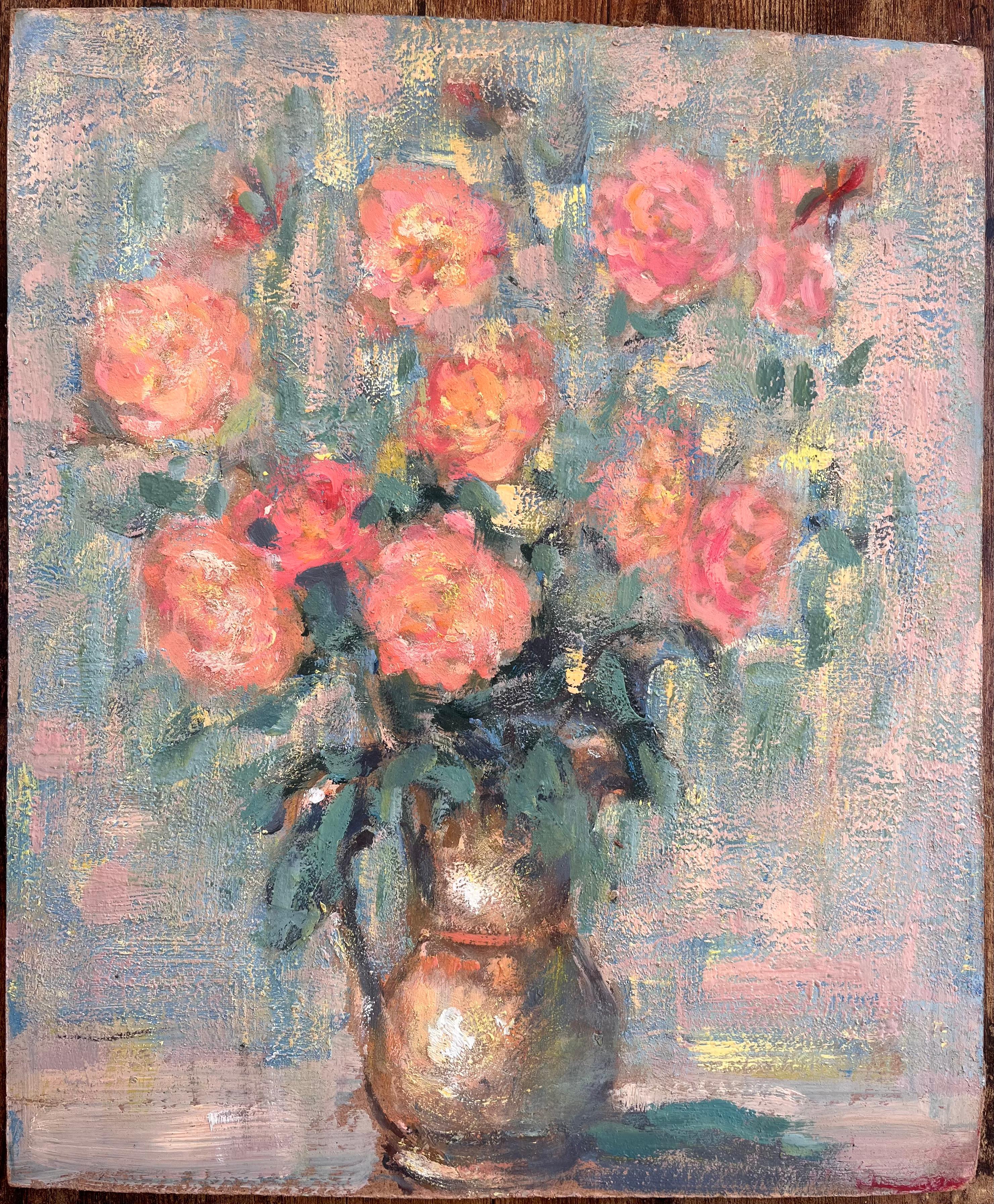 Französischer lebhafter Rosenstrauß in Kupfervase, impressionistisches Stillleben – Painting von Fanch Lel