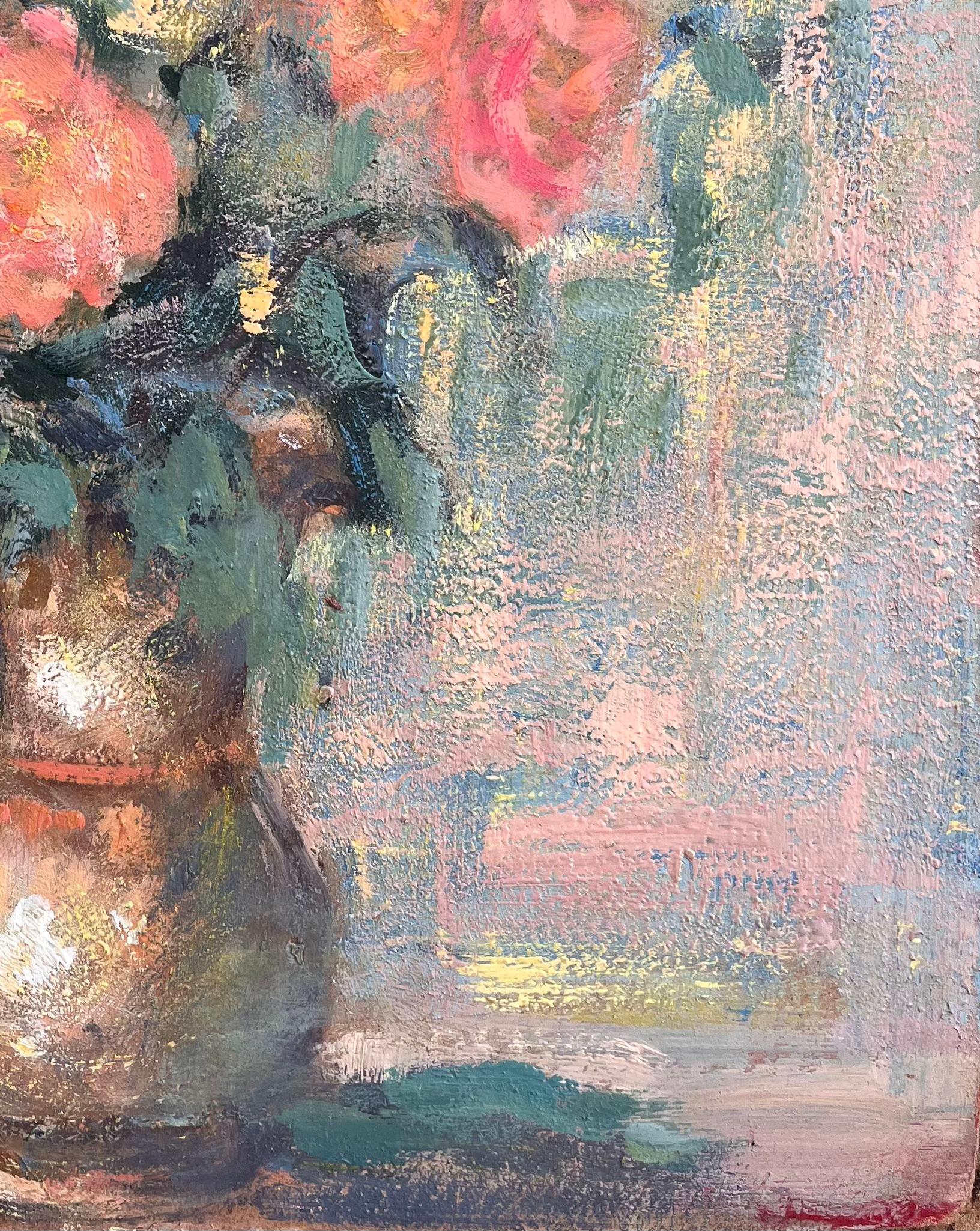 Französischer lebhafter Rosenstrauß in Kupfervase, impressionistisches Stillleben (Impressionismus), Painting, von Fanch Lel