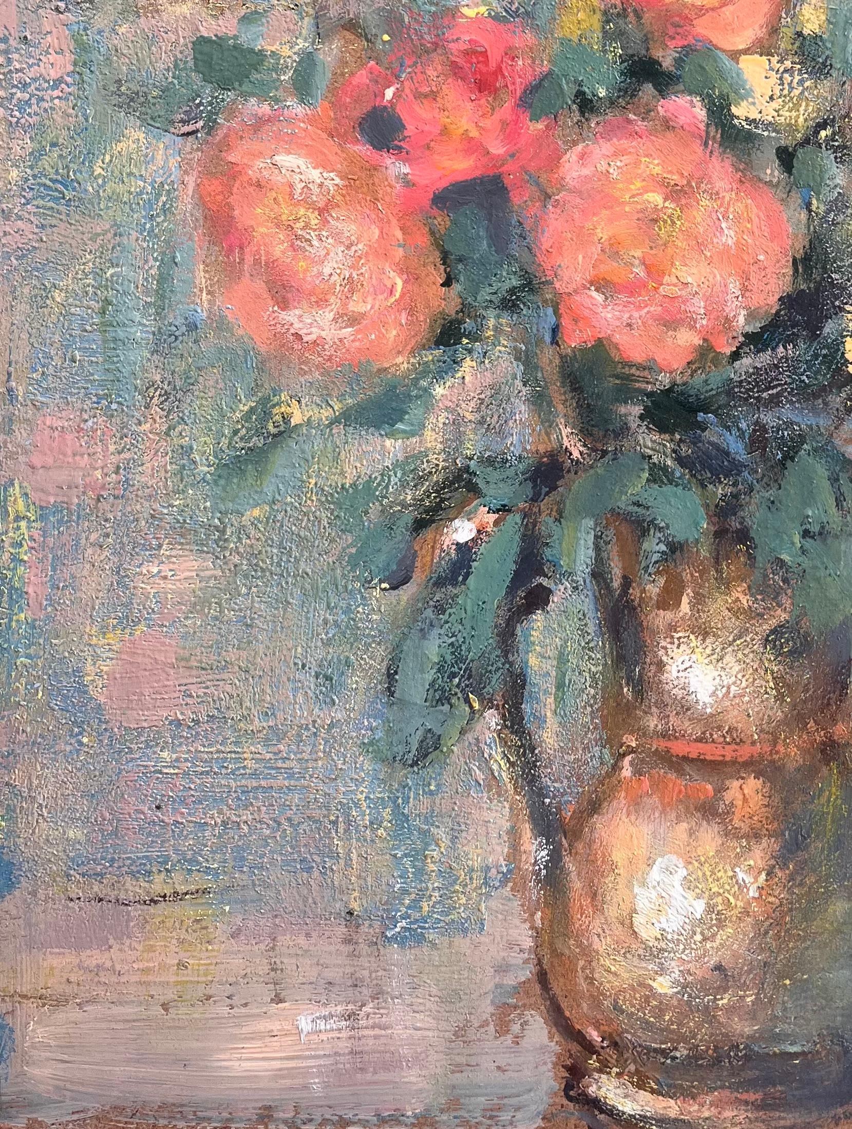 Französischer lebhafter Rosenstrauß in Kupfervase, impressionistisches Stillleben (Braun), Abstract Painting, von Fanch Lel