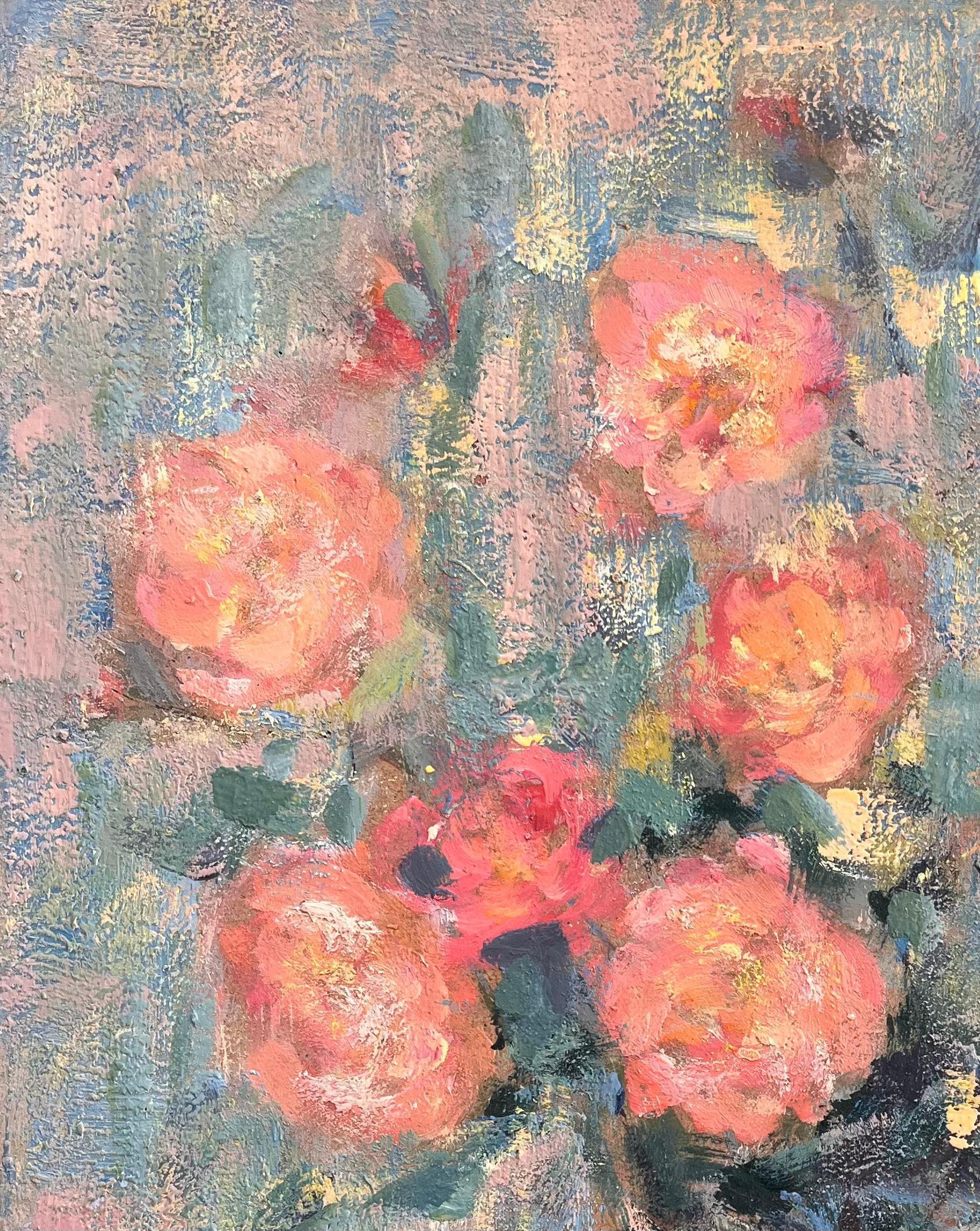 Französischer lebhafter Rosenstrauß in Kupfervase, impressionistisches Stillleben 1