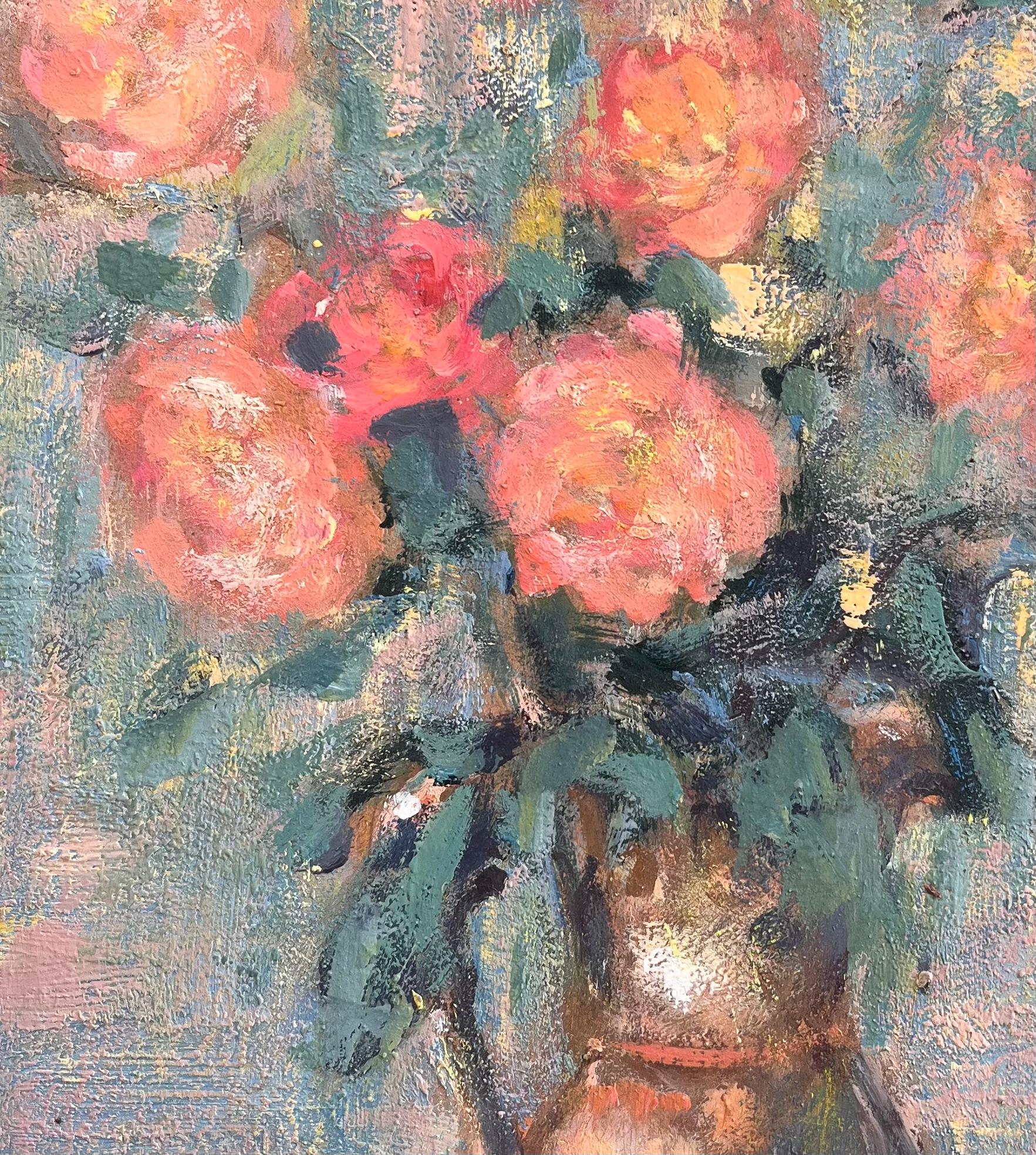 Französischer lebhafter Rosenstrauß in Kupfervase, impressionistisches Stillleben 2