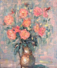 Französischer lebhafter Rosenstrauß in Kupfervase, impressionistisches Stillleben