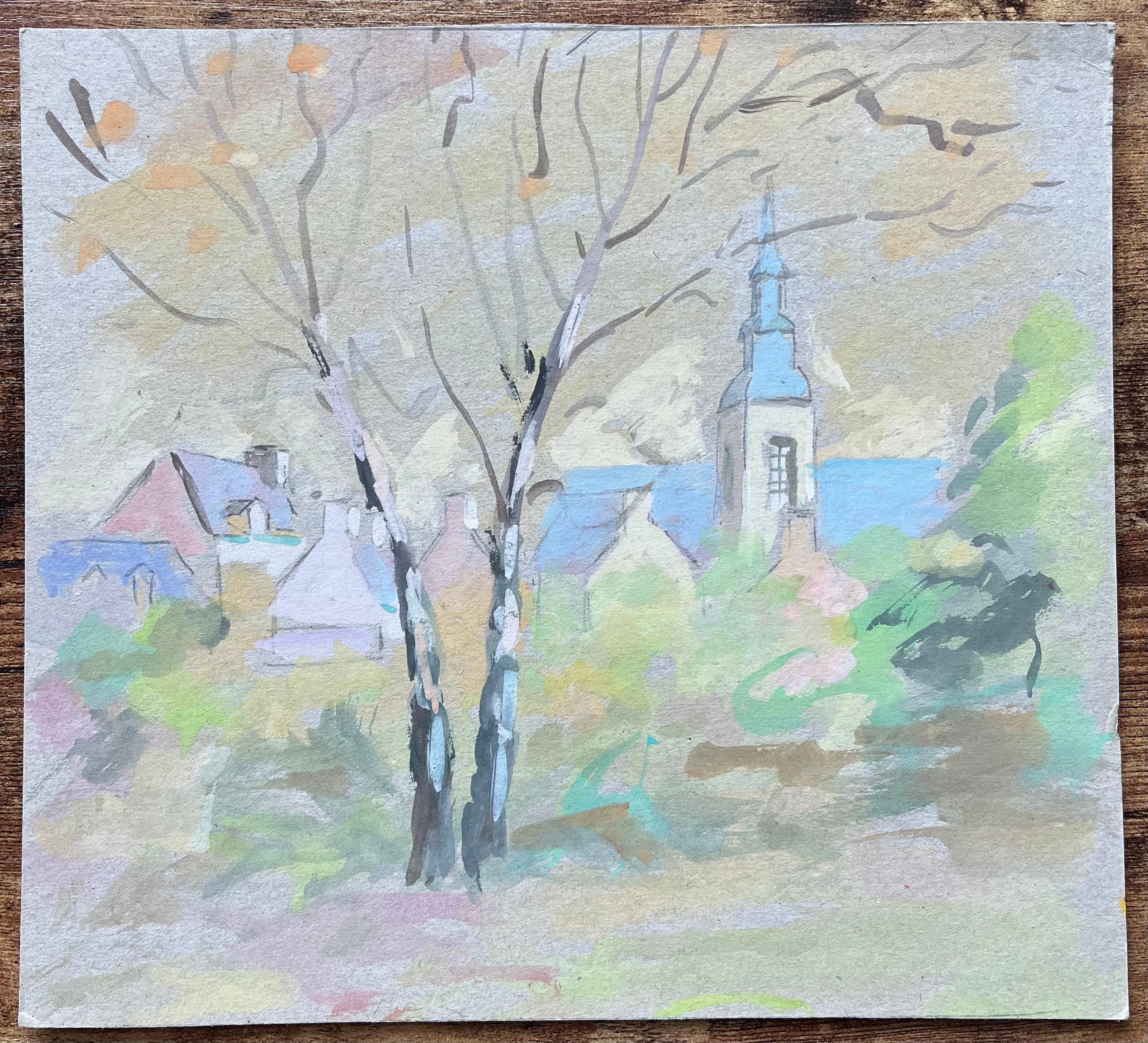 Französische Dorfkirche und Bäume im weichen pastellfarbenen Gouache-Stil – Painting von Fanch Lel