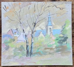 Iglesia y árboles de pueblo francés en estilo gouache pastel suave