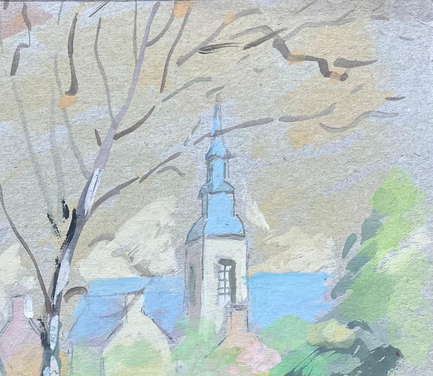 Französische Dorfkirche und Bäume im weichen pastellfarbenen Gouache-Stil (Impressionismus), Painting, von Fanch Lel