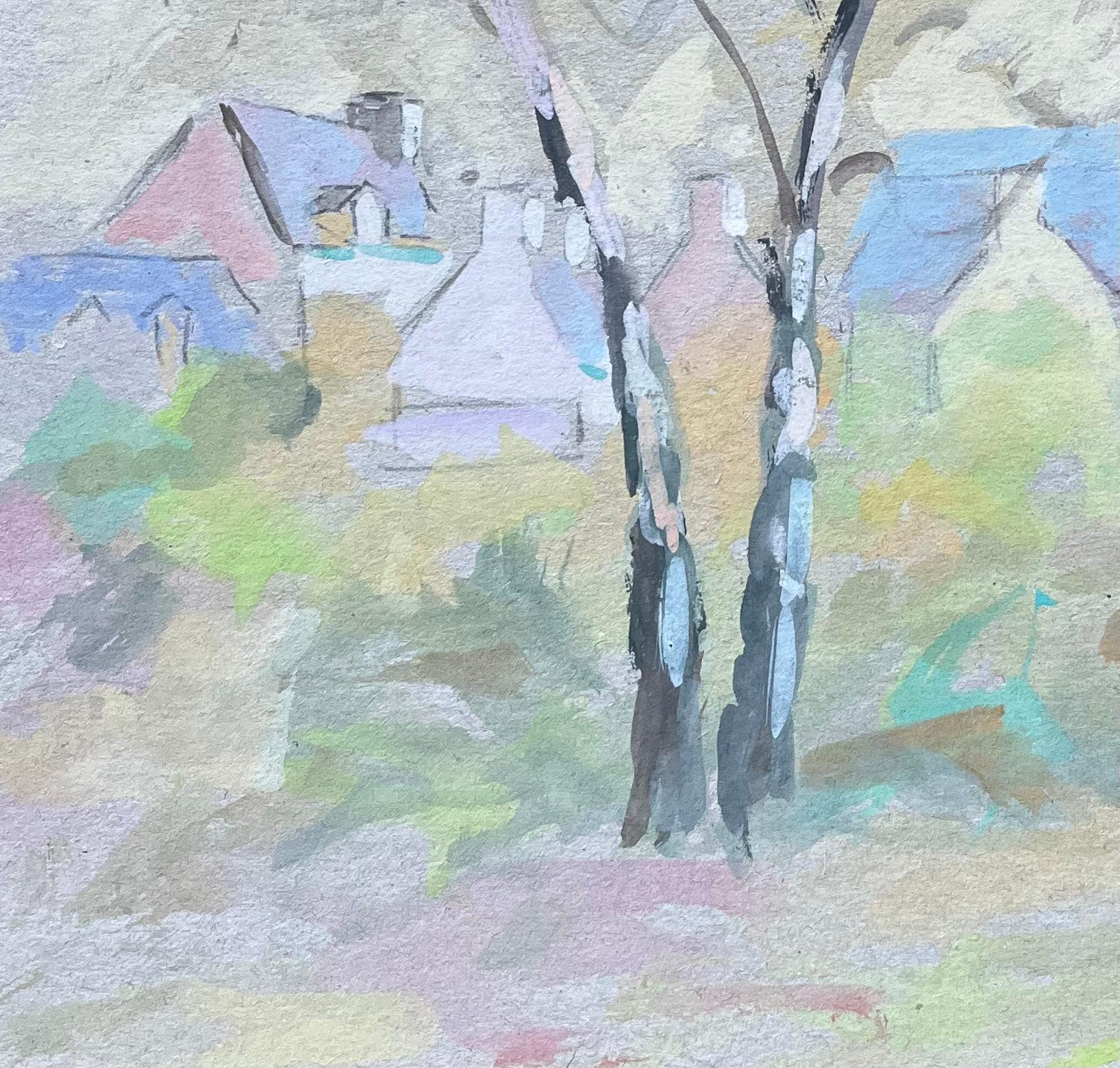 Französische Dorfkirche und Bäume im weichen pastellfarbenen Gouache-Stil im Angebot 1