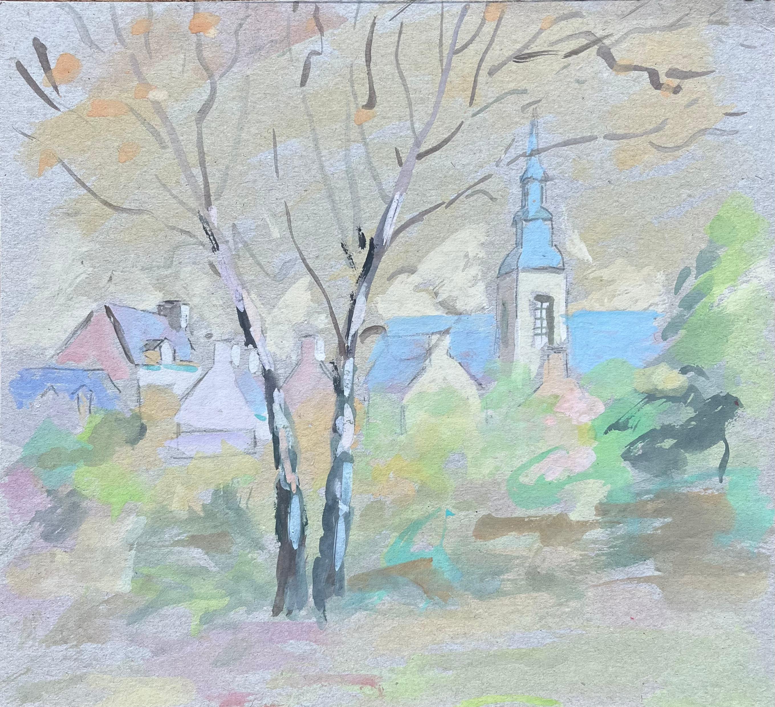 Französische Dorfkirche und Bäume im weichen pastellfarbenen Gouache-Stil