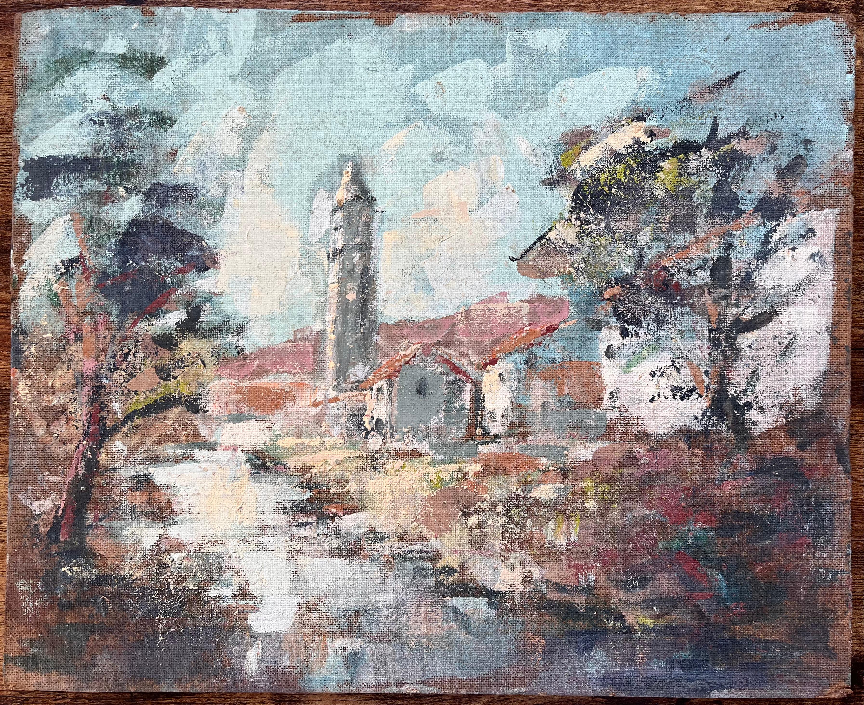 Französische Dorfkirche, Ölgemälde mit Glockenturm- Fluss und Herbstholzland, Französisches Dorf – Painting von Fanch Lel