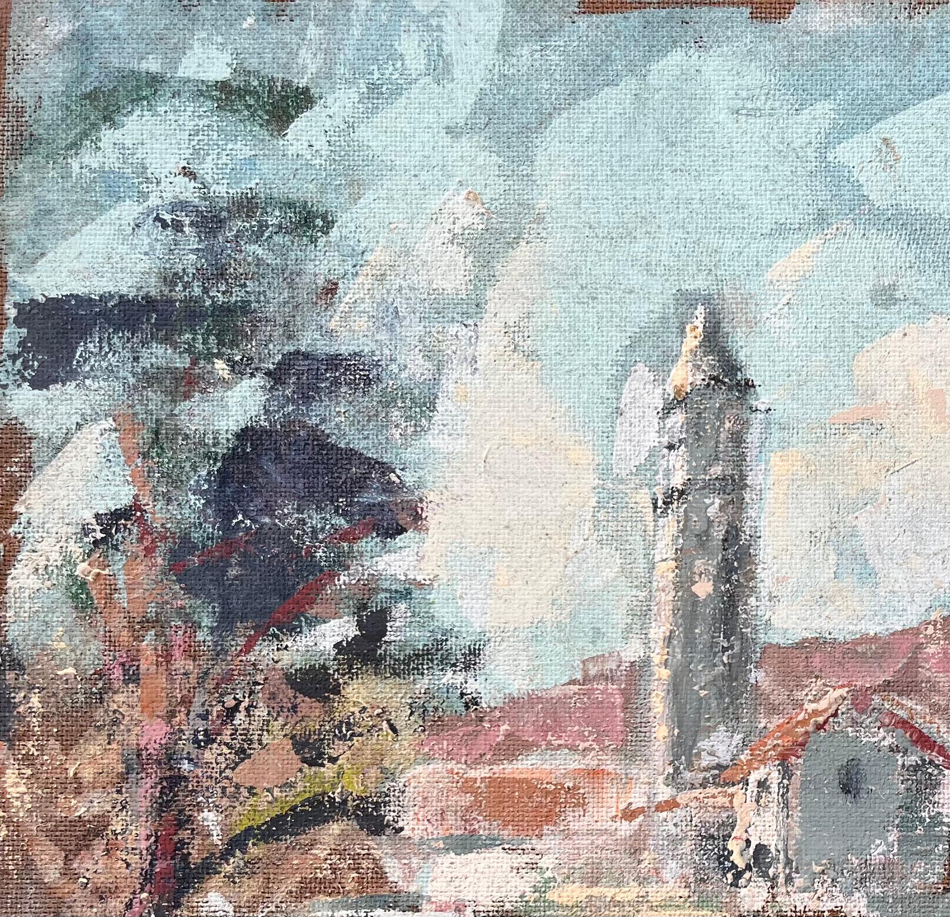 Französische Dorfkirche, Ölgemälde mit Glockenturm- Fluss und Herbstholzland, Französisches Dorf (Impressionismus), Painting, von Fanch Lel
