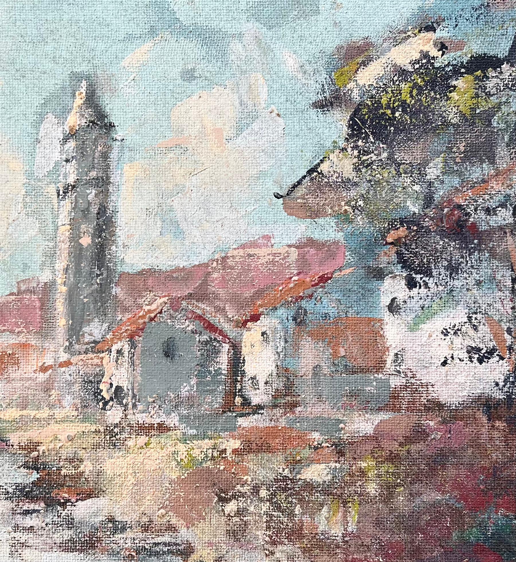 Französische Dorfkirche, Ölgemälde mit Glockenturm- Fluss und Herbstholzland, Französisches Dorf im Angebot 2