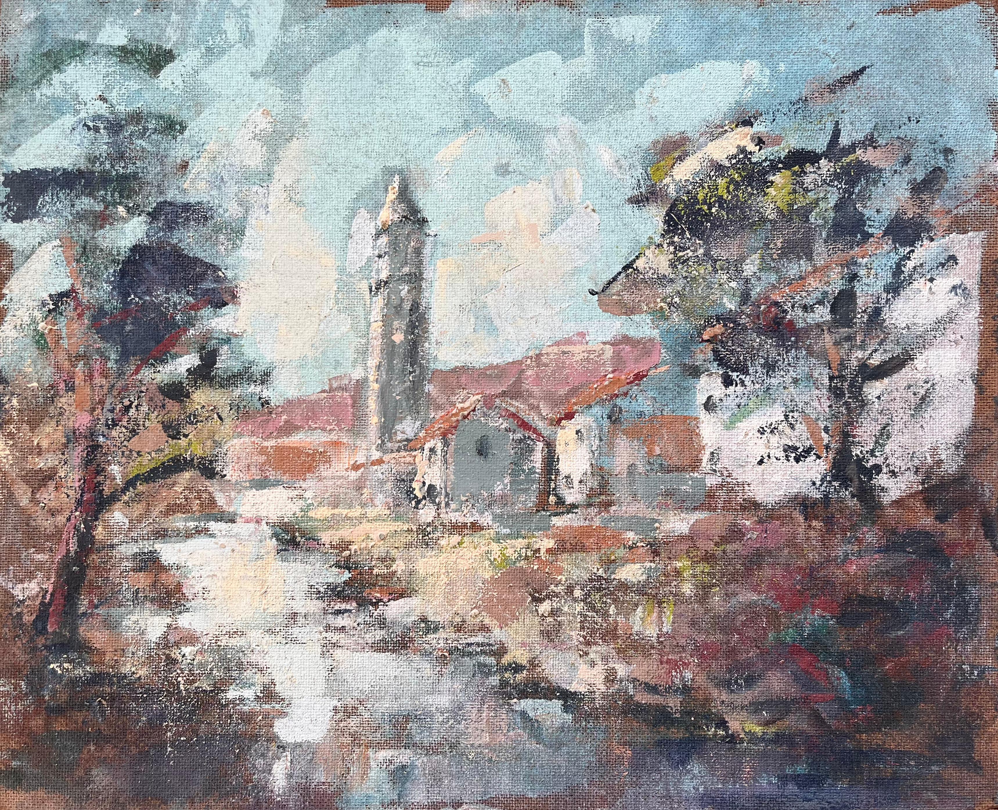 Französische Dorfkirche, Ölgemälde mit Glockenturm- Fluss und Herbstholzland, Französisches Dorf
